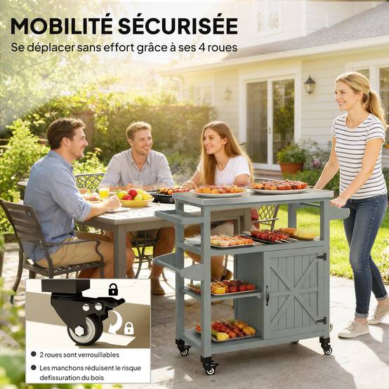ComfortXL - Desserte barbecue bois de sapin inox 107 x 49,5 x 92,5 cm grise rangement mobile - ComfortXL Outdoor Living - Image 8