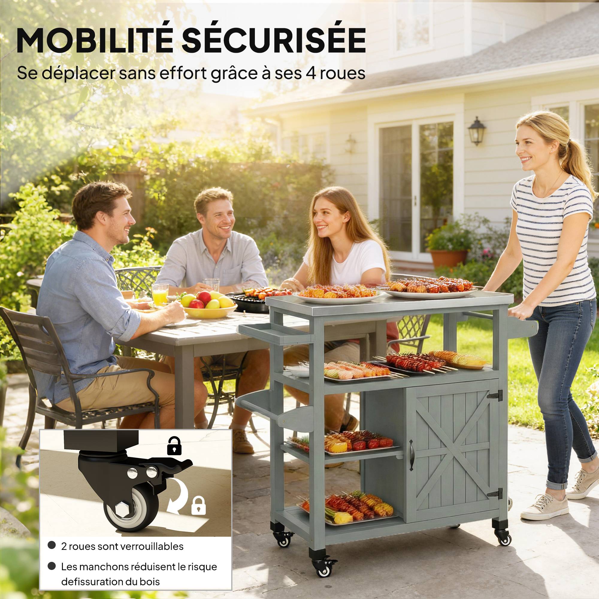 ComfortXL - Desserte barbecue bois de sapin inox 107 x 49,5 x 92,5 cm grise rangement mobile - ComfortXL Outdoor Living - Image 8