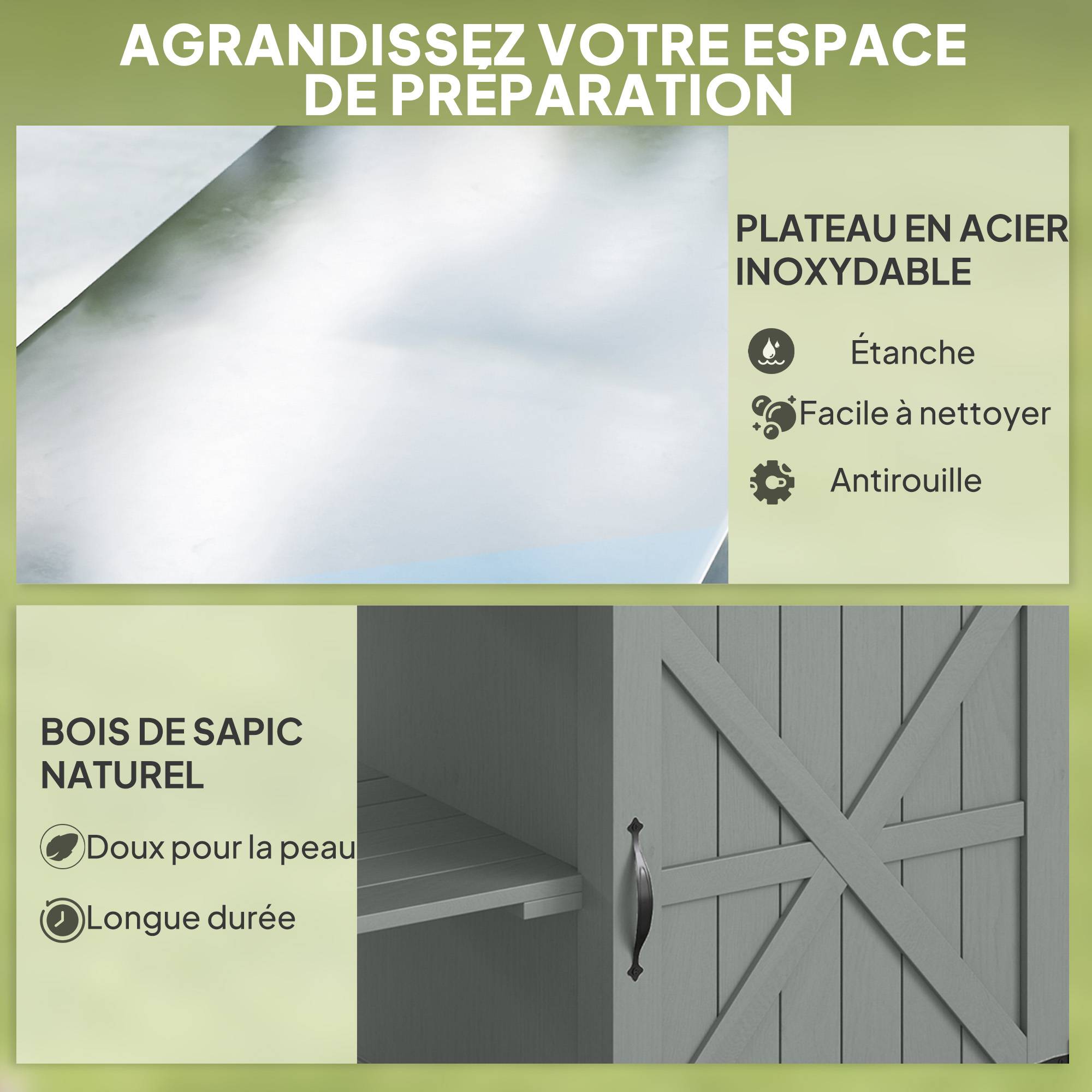 ComfortXL - Desserte barbecue bois de sapin inox 107 x 49,5 x 92,5 cm grise rangement mobile - ComfortXL Outdoor Living - Image 5