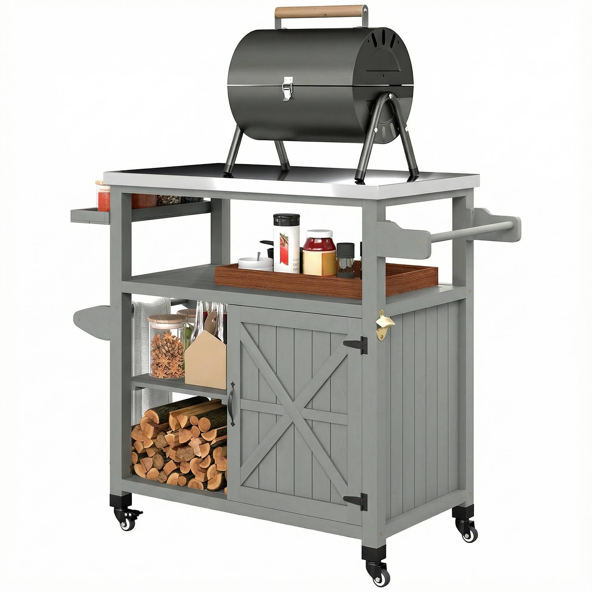 ComfortXL - Desserte barbecue bois de sapin inox 107 x 49,5 x 92,5 cm grise rangement mobile - ComfortXL Outdoor Living - Image 1