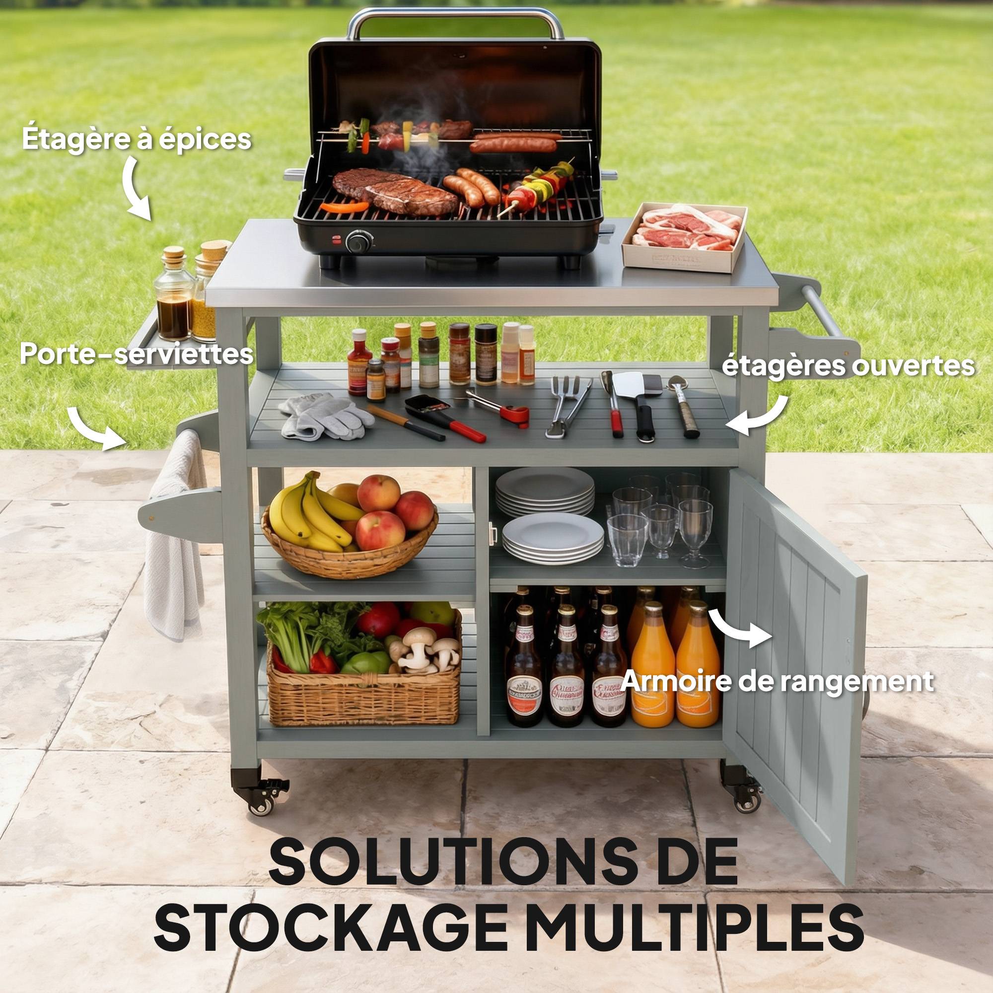 ComfortXL - Desserte barbecue bois de sapin inox 107 x 49,5 x 92,5 cm grise rangement mobile - ComfortXL Outdoor Living - Image 6
