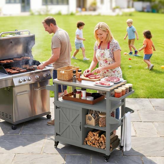 ComfortXL - Desserte barbecue bois de sapin inox 107 x 49,5 x 92,5 cm grise rangement mobile - ComfortXL Outdoor Living - Image 3