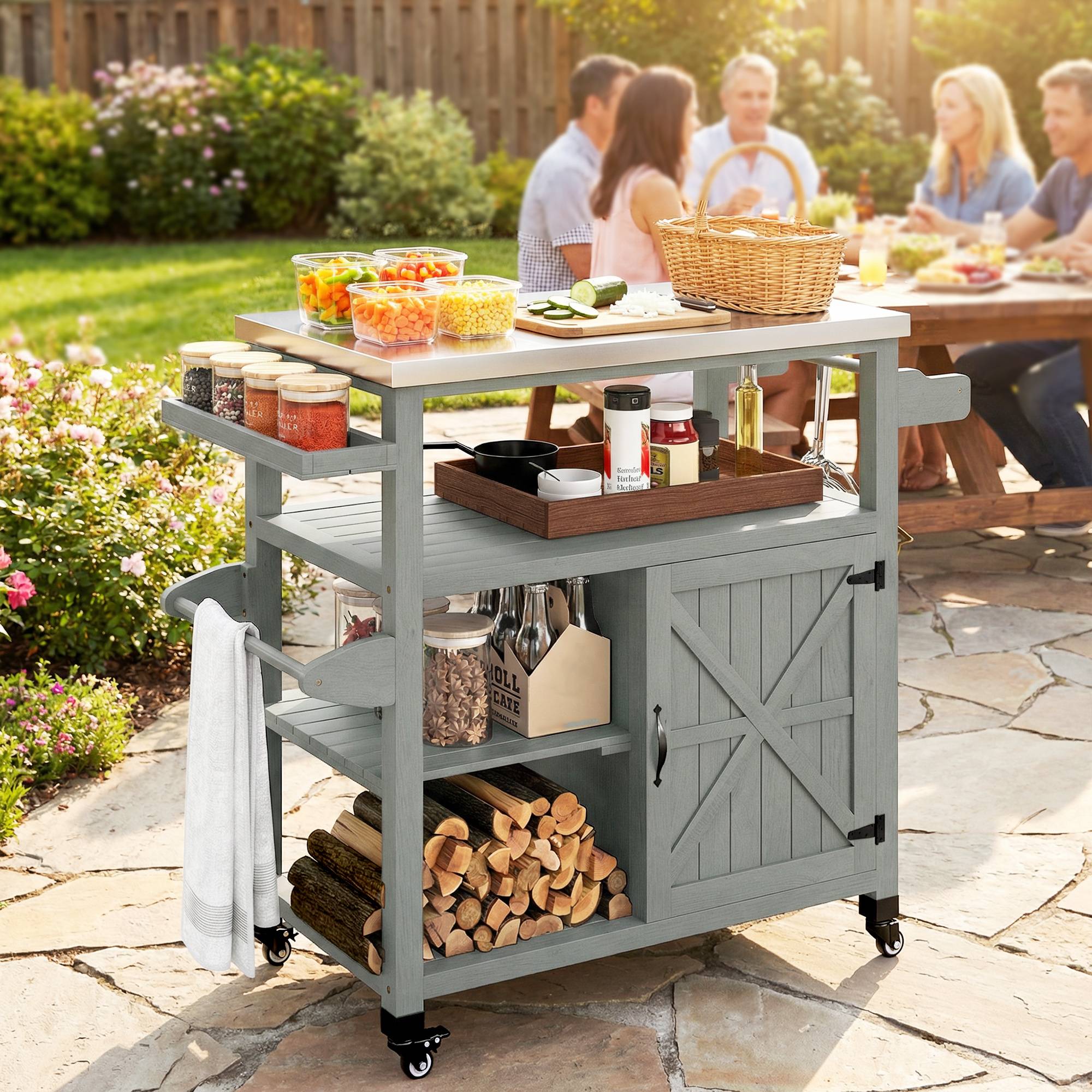 ComfortXL - Desserte barbecue bois de sapin inox 107 x 49,5 x 92,5 cm grise rangement mobile - ComfortXL Outdoor Living - Image 2