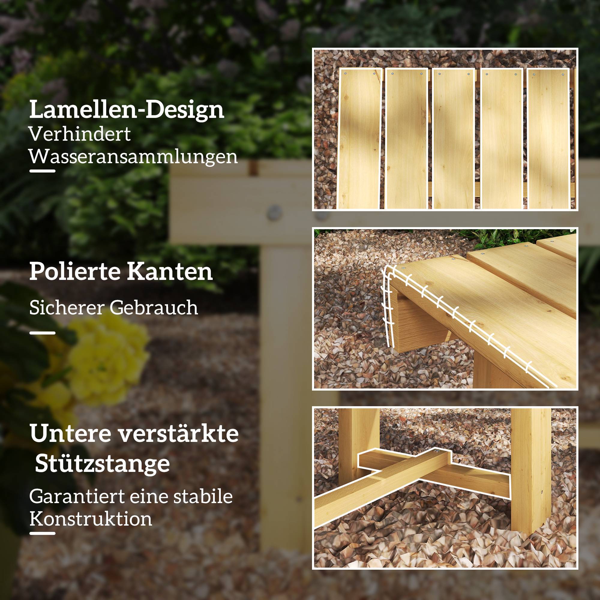 Banc de jardin 2 places en bois naturel, résistant aux intempéries, 110x38x35 cm, charge 250 kg - Image 9
