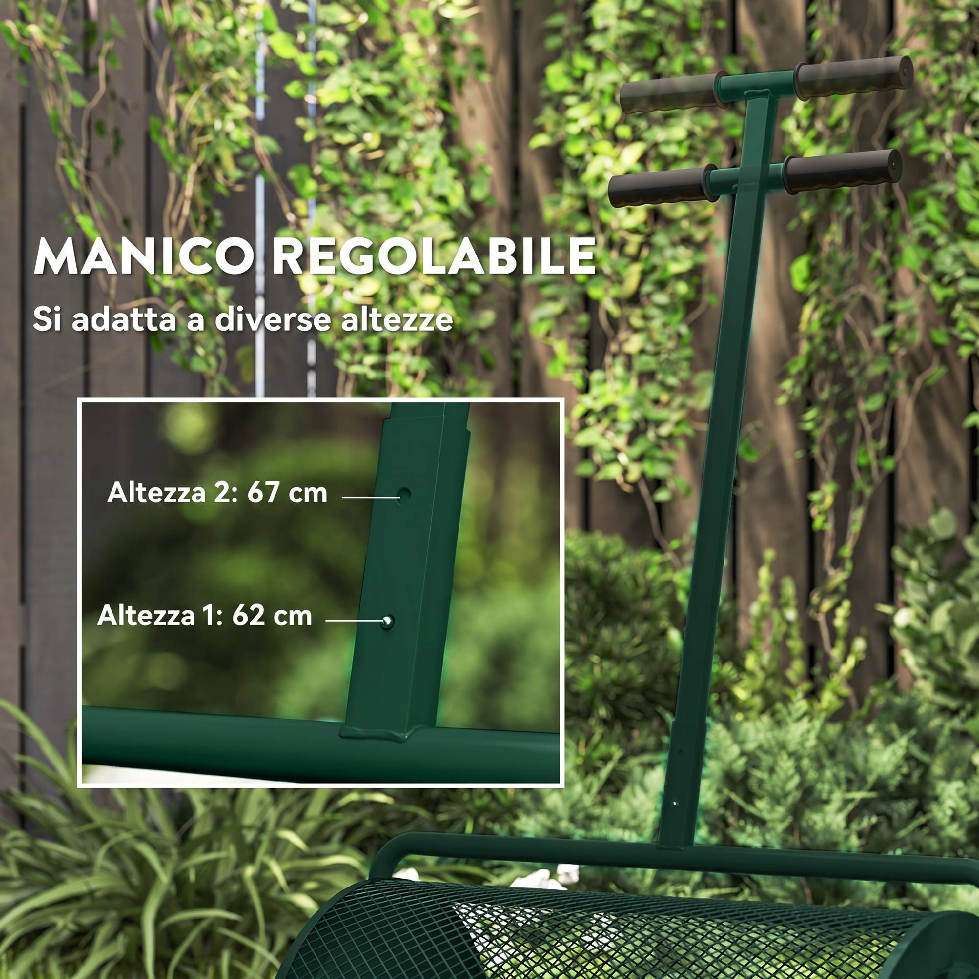 ComfortXL - Rouleau épandeur de compost en métal vert 75 L 70 x 40 x 112 cm pour pelouse et jardin avec manche réglable - Image 6
