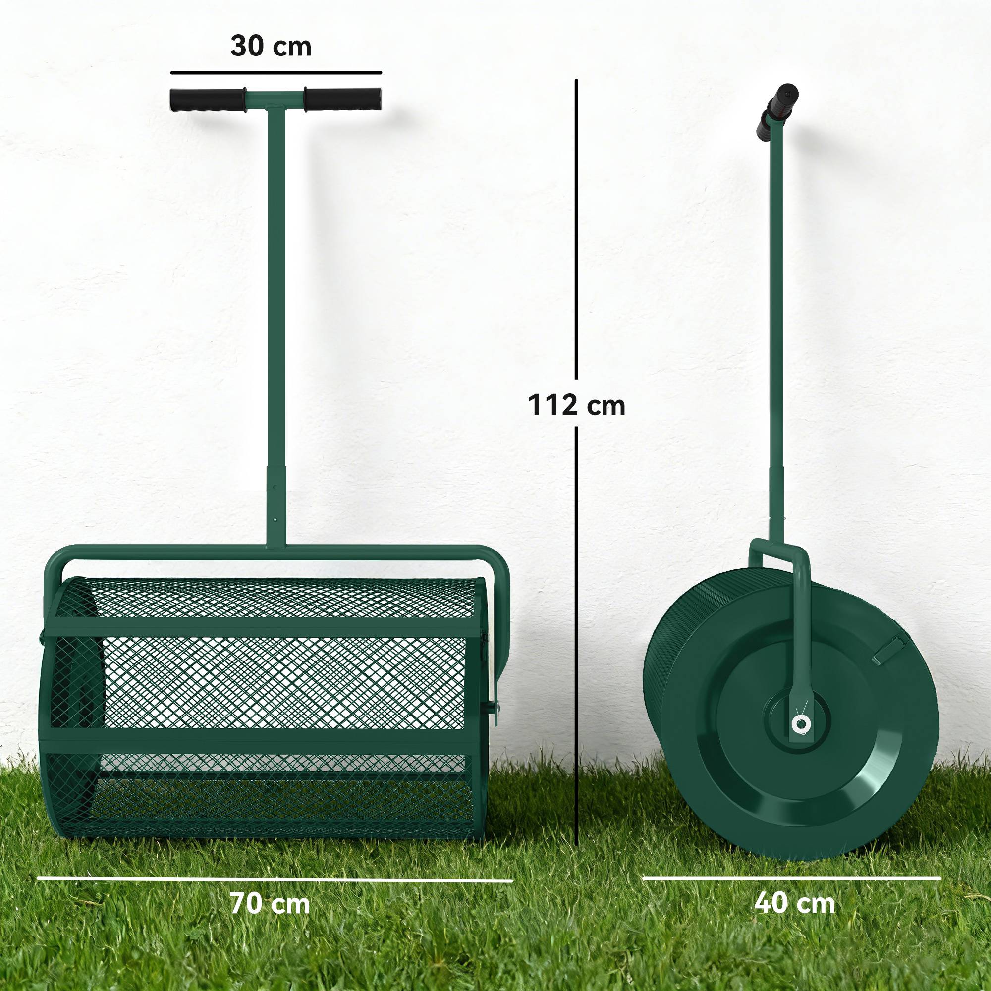 ComfortXL - Rouleau épandeur de compost en métal vert 75 L 70 x 40 x 112 cm pour pelouse et jardin avec manche réglable - Image 3