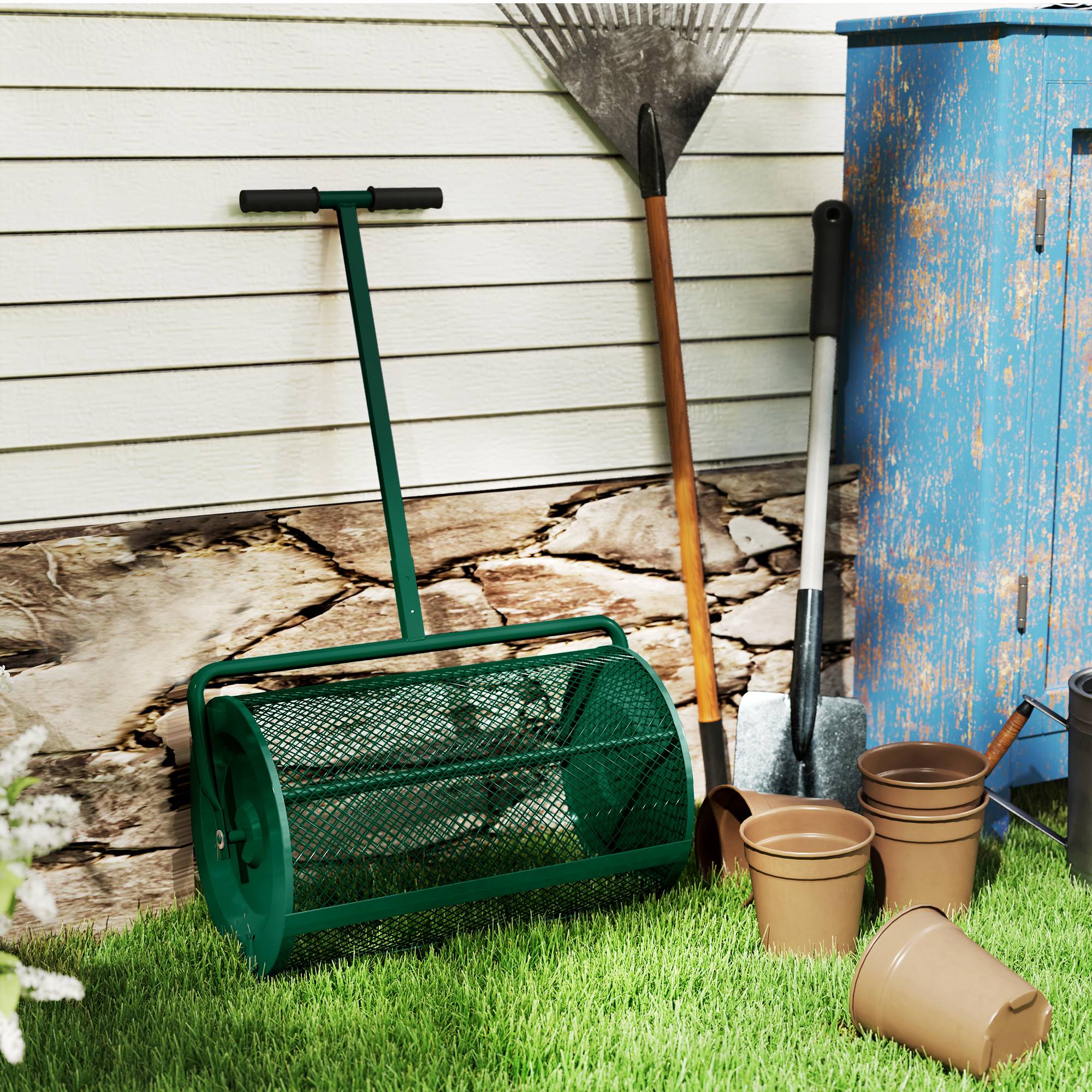 ComfortXL - Rouleau épandeur de compost en métal vert 75 L 70 x 40 x 112 cm pour pelouse et jardin avec manche réglable - Image 9