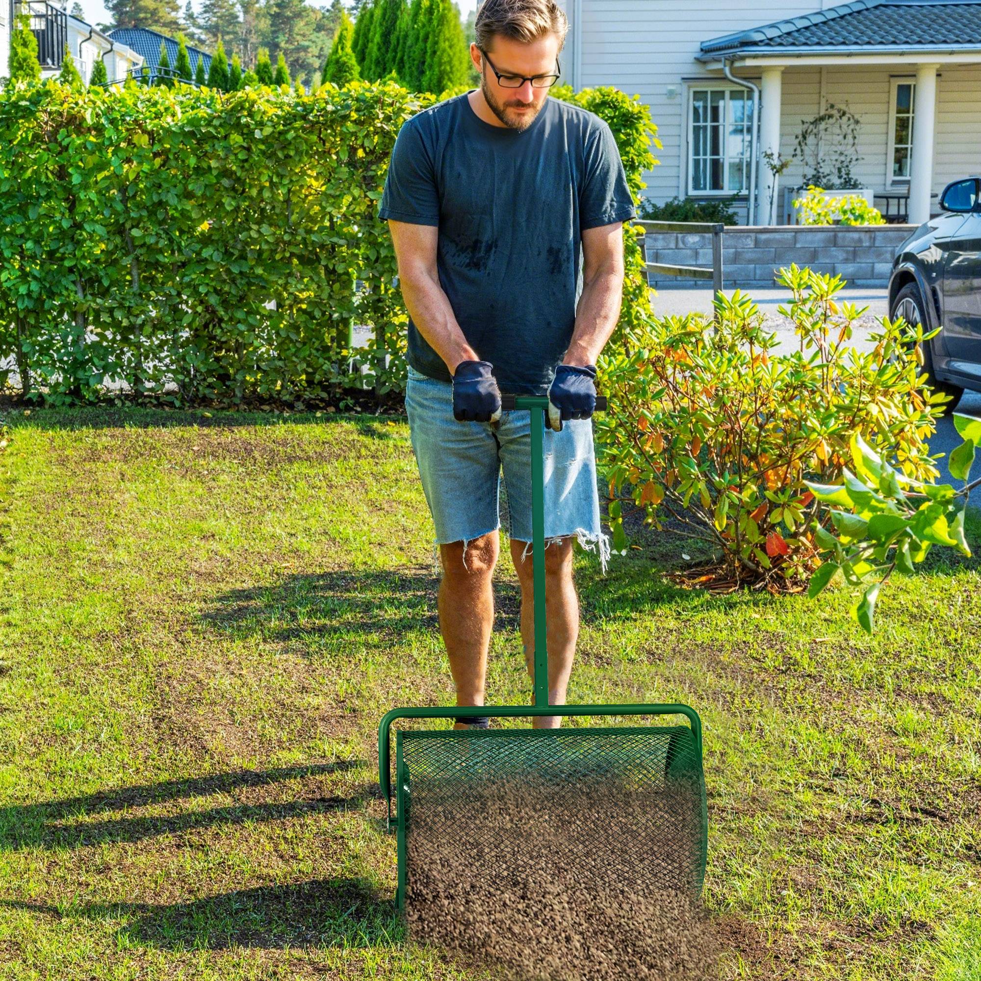 ComfortXL - Rouleau épandeur de compost en métal vert 75 L 70 x 40 x 112 cm pour pelouse et jardin avec manche réglable