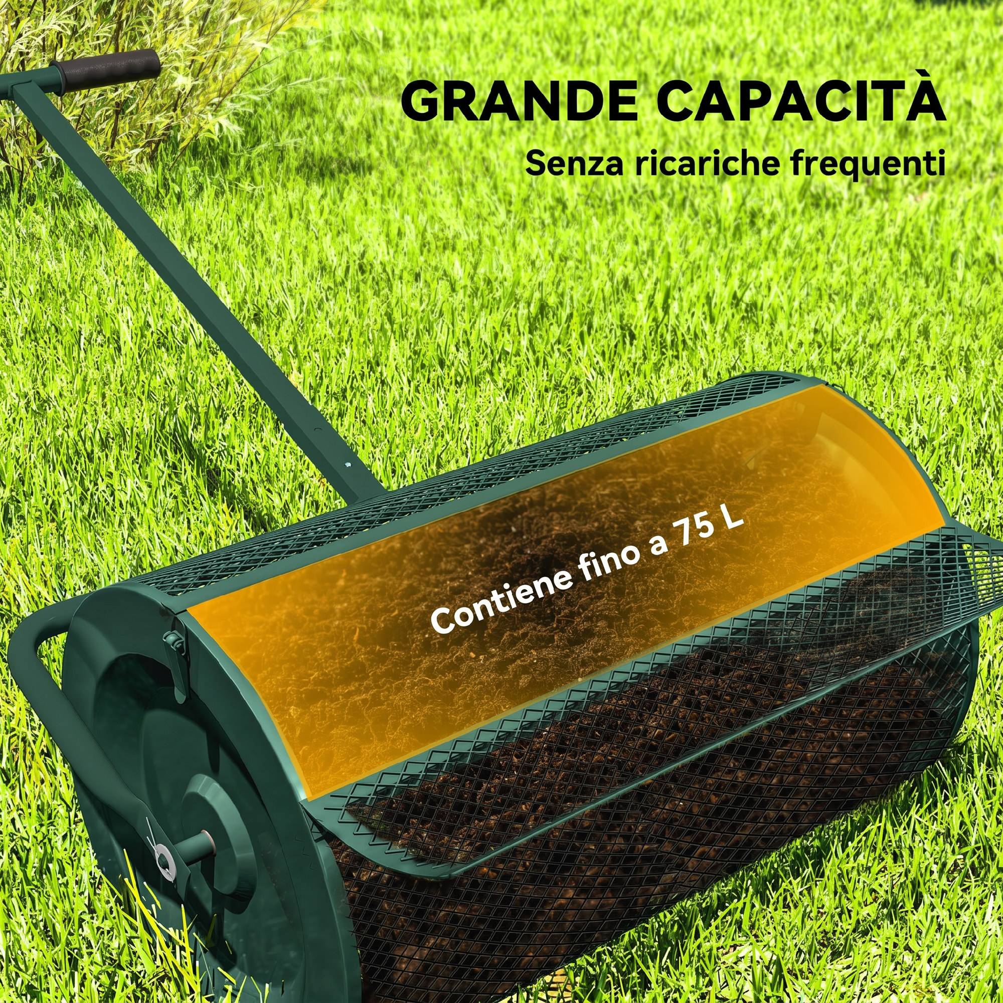 ComfortXL - Rouleau épandeur de compost en métal vert 75 L 70 x 40 x 112 cm pour pelouse et jardin avec manche réglable - Image 4