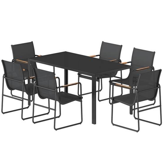 ComfortXL - Salon de jardin 7 pièces acier galvanisé noir table verre 150 x 80 cm 6 chaises respirantes repas extérieur - Image 2