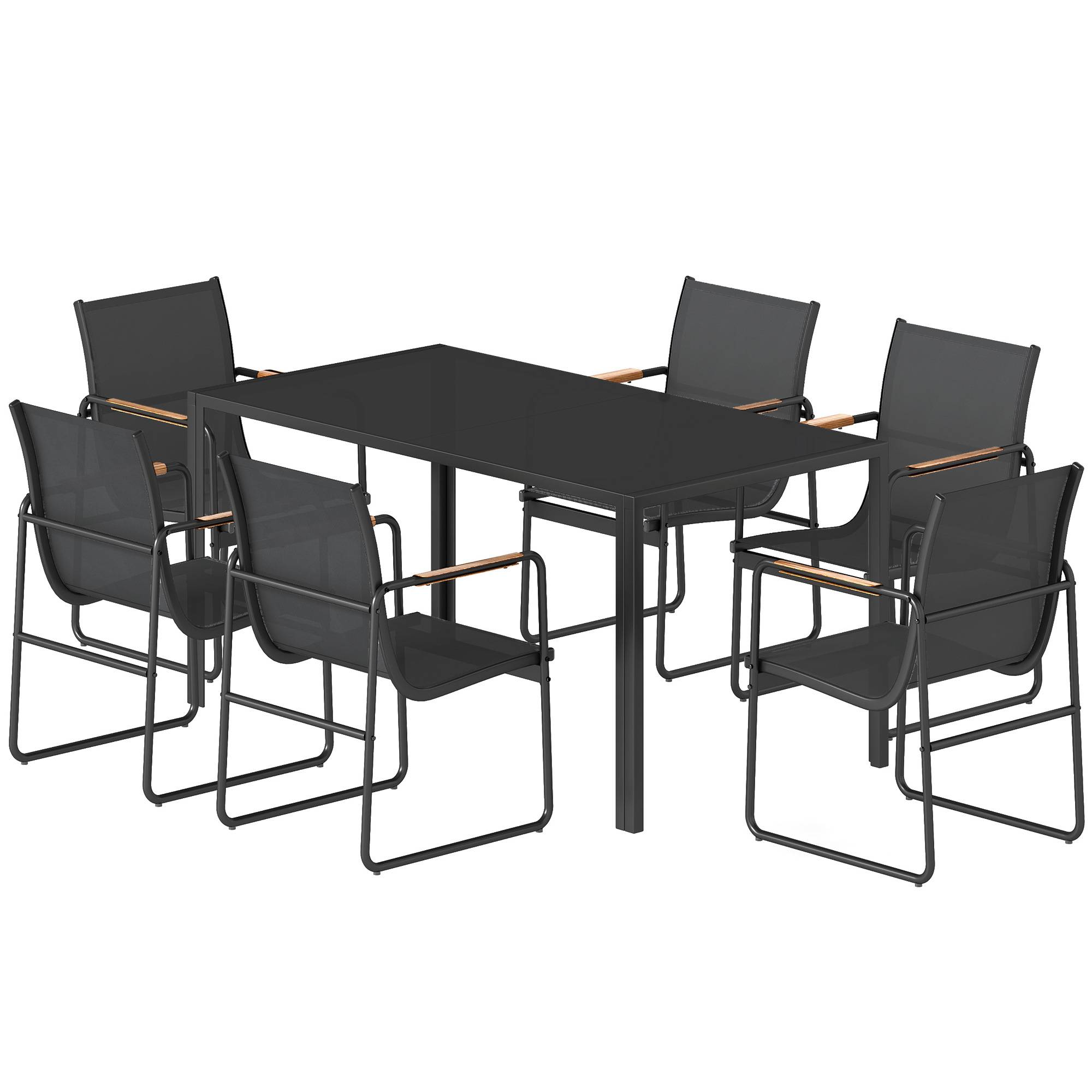 ComfortXL - Salon de jardin 7 pièces acier galvanisé noir table verre 150 x 80 cm 6 chaises respirantes repas extérieur - Image 2
