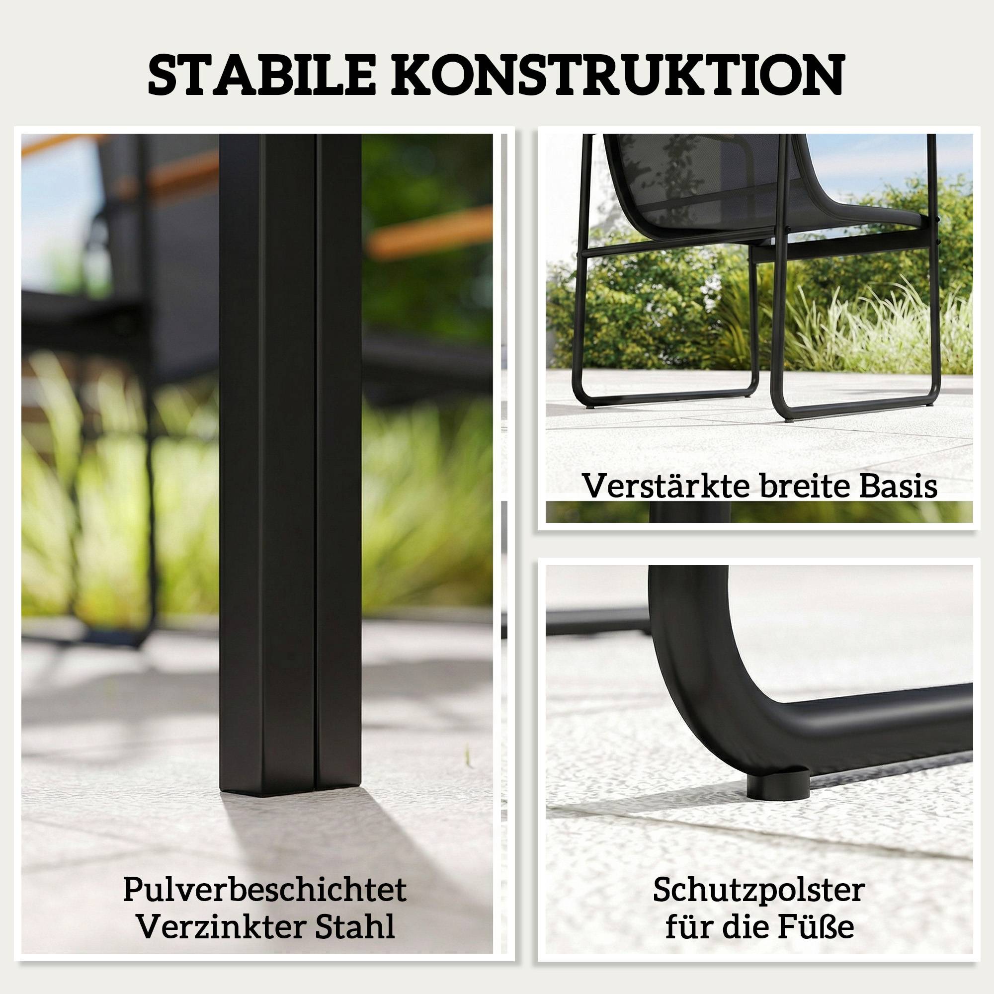 ComfortXL - Salon de jardin 7 pièces acier galvanisé noir table verre 150 x 80 cm 6 chaises respirantes repas extérieur - Image 8
