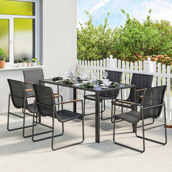 ComfortXL - Salon de jardin 7 pièces acier galvanisé noir table verre 150 x 80 cm 6 chaises respirantes repas extérieur - Image 1