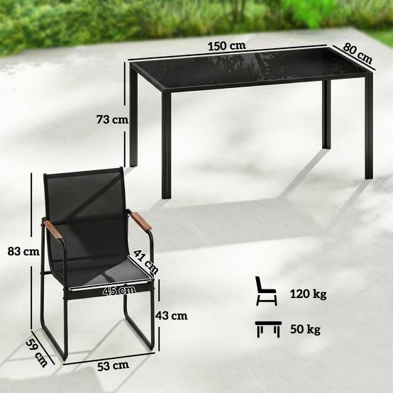 ComfortXL - Salon de jardin 7 pièces acier galvanisé noir table verre 150 x 80 cm 6 chaises respirantes repas extérieur - Image 3