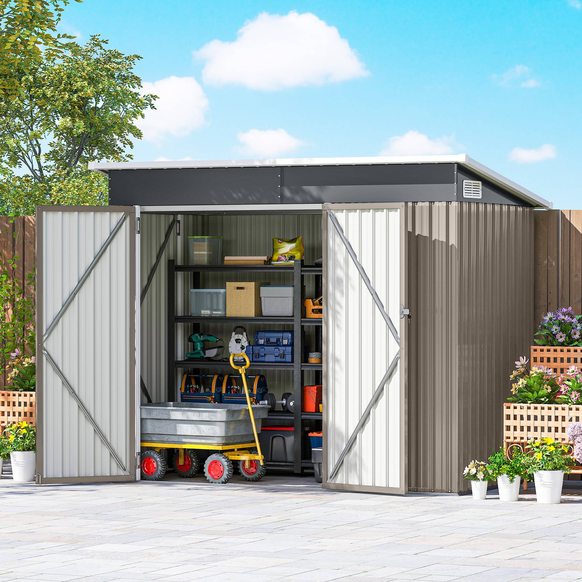 Abri de jardin en métal cabane jardin extérieure triple porte verrouillable toit incliné aérations 234x132x185cm gris - Image 4