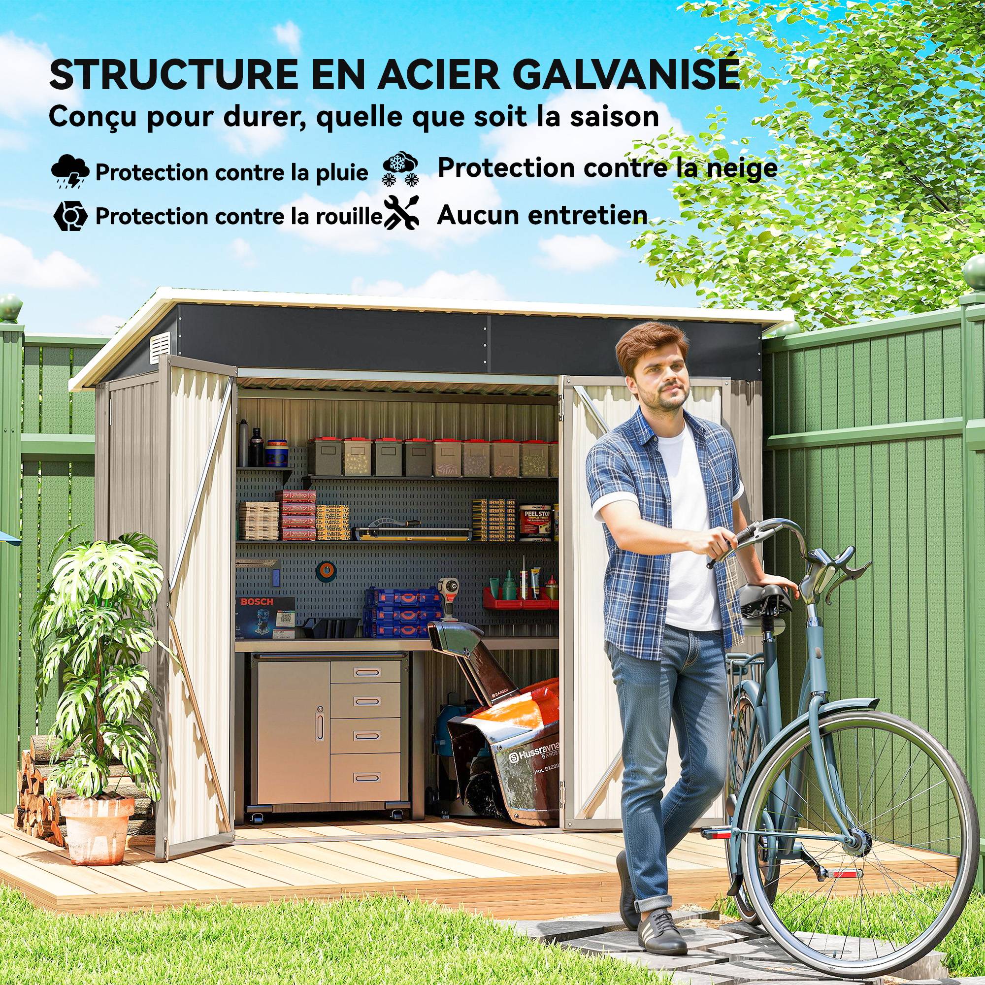 Abri de jardin en métal cabane jardin extérieure triple porte verrouillable toit incliné aérations 234x132x185cm gris - Image 7