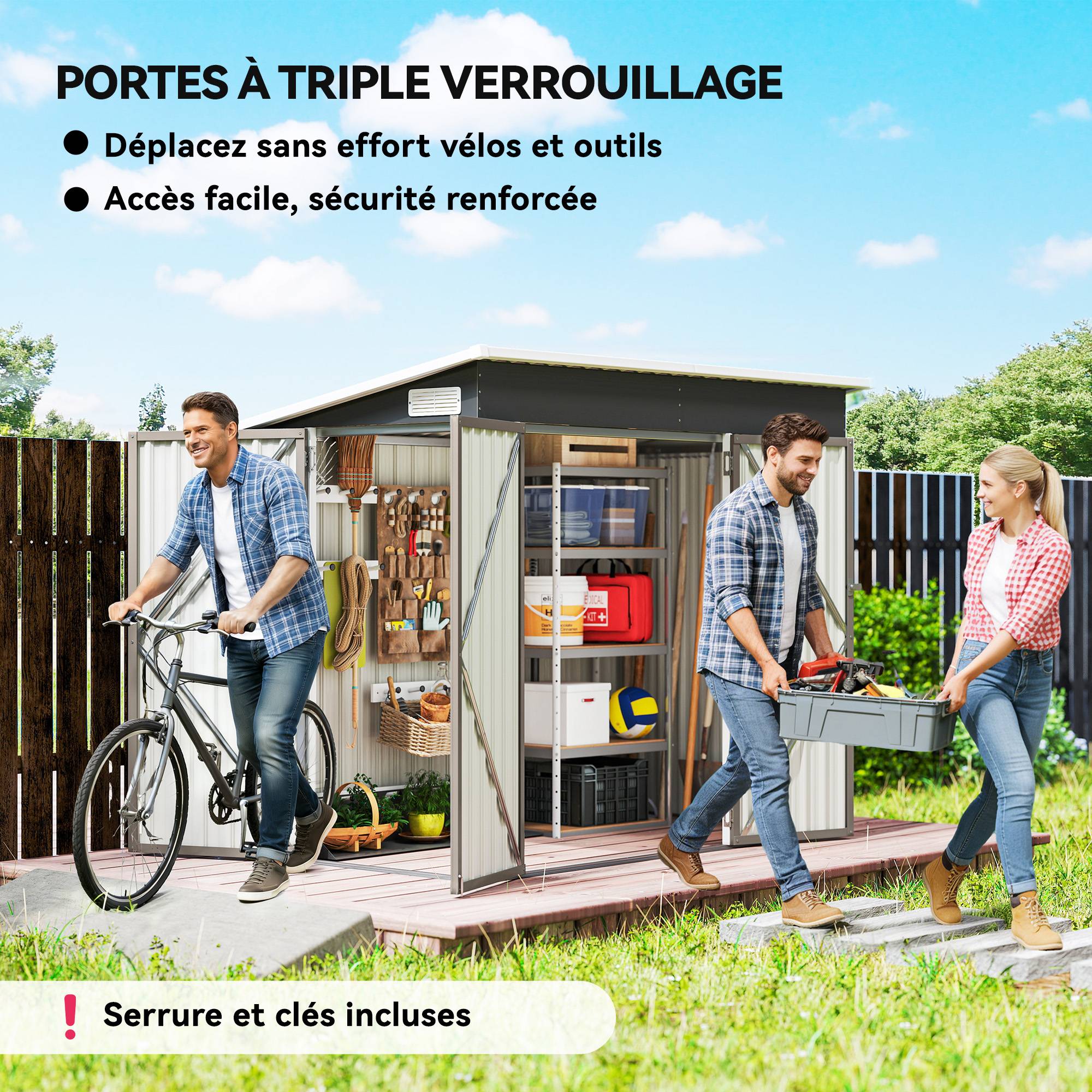 Abri de jardin en métal cabane jardin extérieure triple porte verrouillable toit incliné aérations 234x132x185cm gris - Image 6