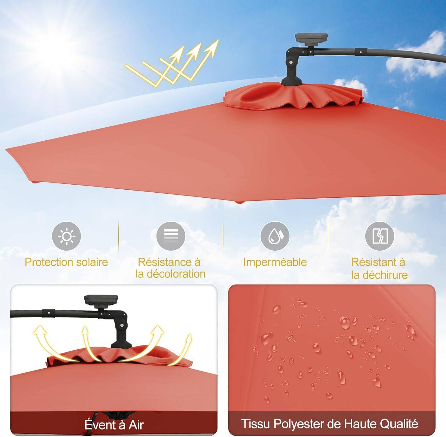 Costway - Parasol Déporté Excentré 3M, 32 LED Solaire, Inclinable et Rotation à 360°, 8 Baleines, Base Croisée, Parasol à Manivelle (Orange) - Image 6