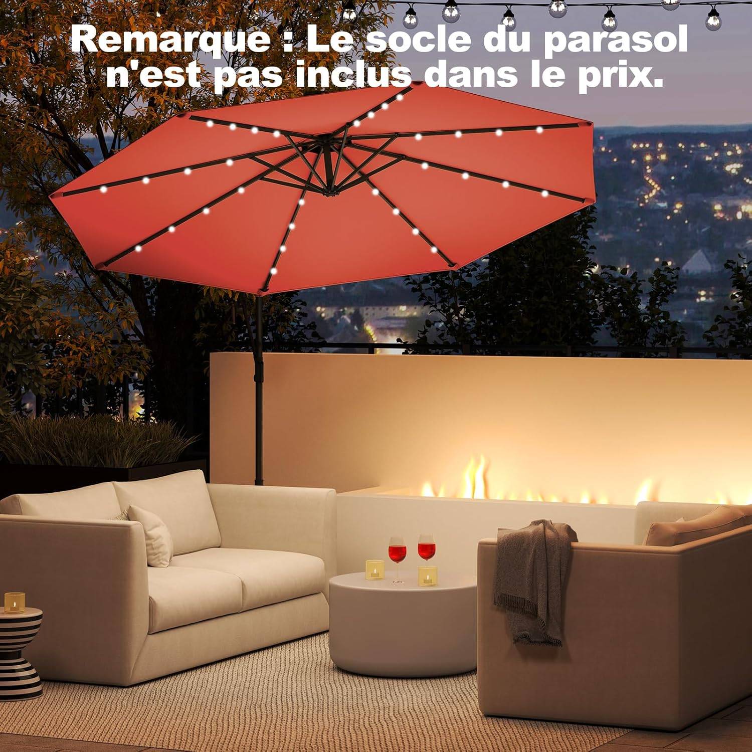 Costway - Parasol Déporté Excentré 3M, 32 LED Solaire, Inclinable et Rotation à 360°, 8 Baleines, Base Croisée, Parasol à Manivelle (Orange) - Image 2