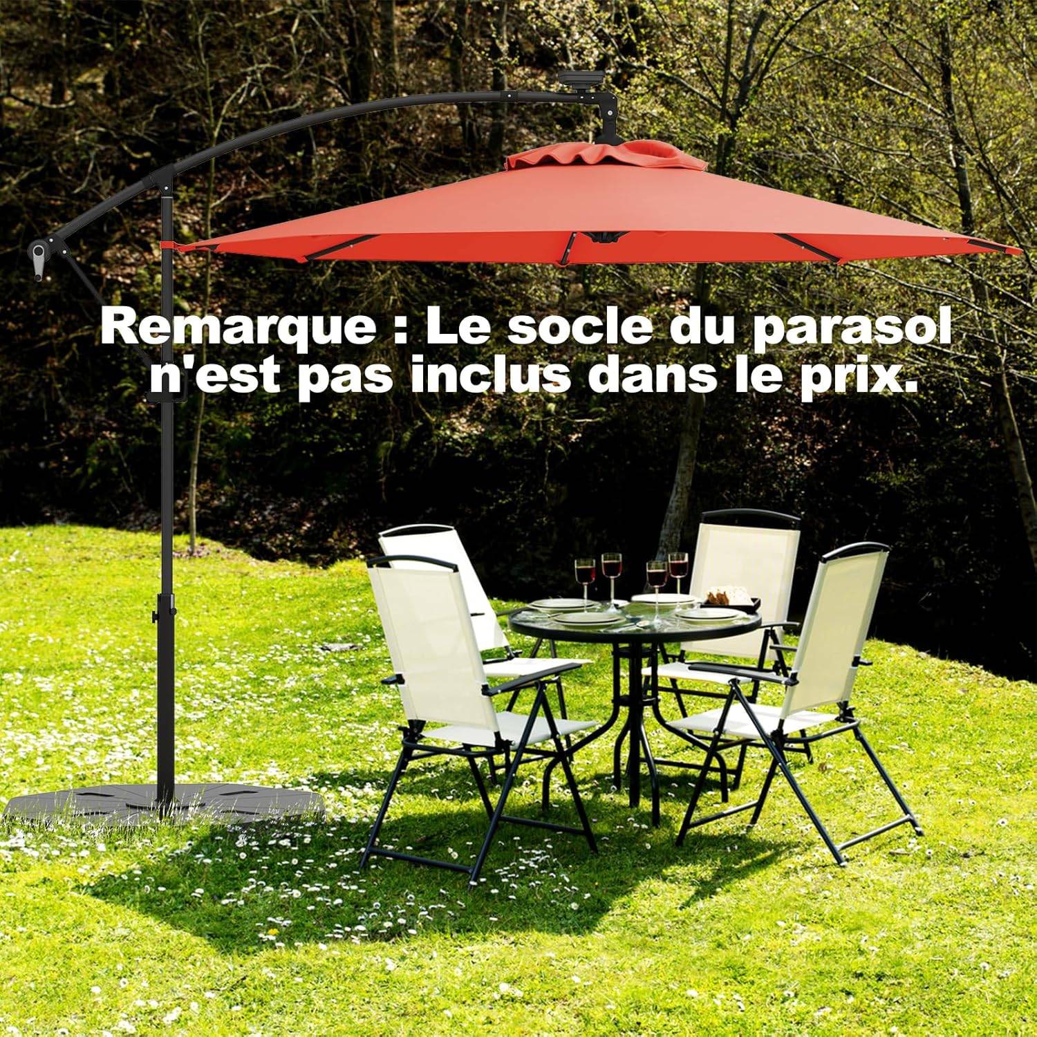 Costway - Parasol Déporté Excentré 3M, 32 LED Solaire, Inclinable et Rotation à 360°, 8 Baleines, Base Croisée, Parasol à Manivelle (Orange) - Image 4