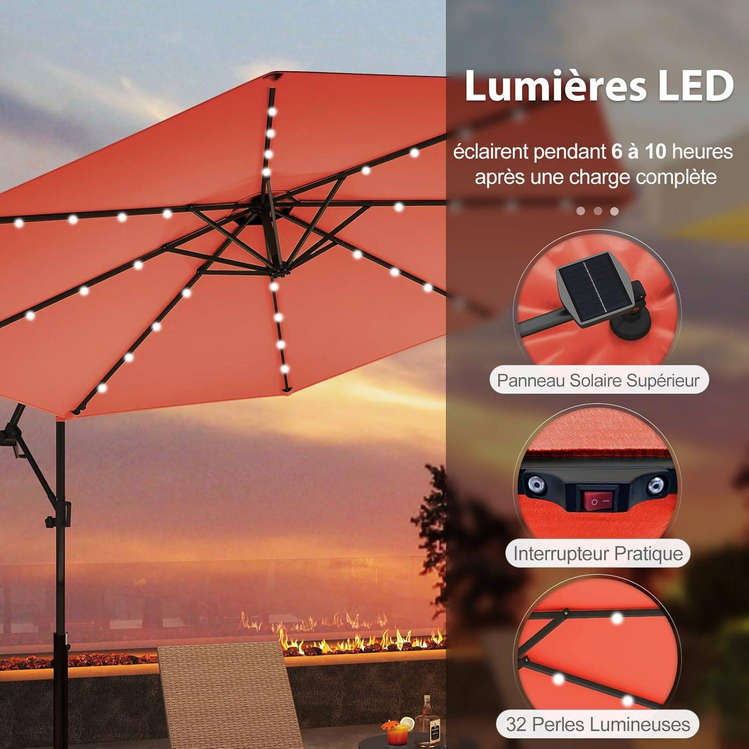 Costway - Parasol Déporté Excentré 3M, 32 LED Solaire, Inclinable et Rotation à 360°, 8 Baleines, Base Croisée, Parasol à Manivelle (Orange) - Image 5