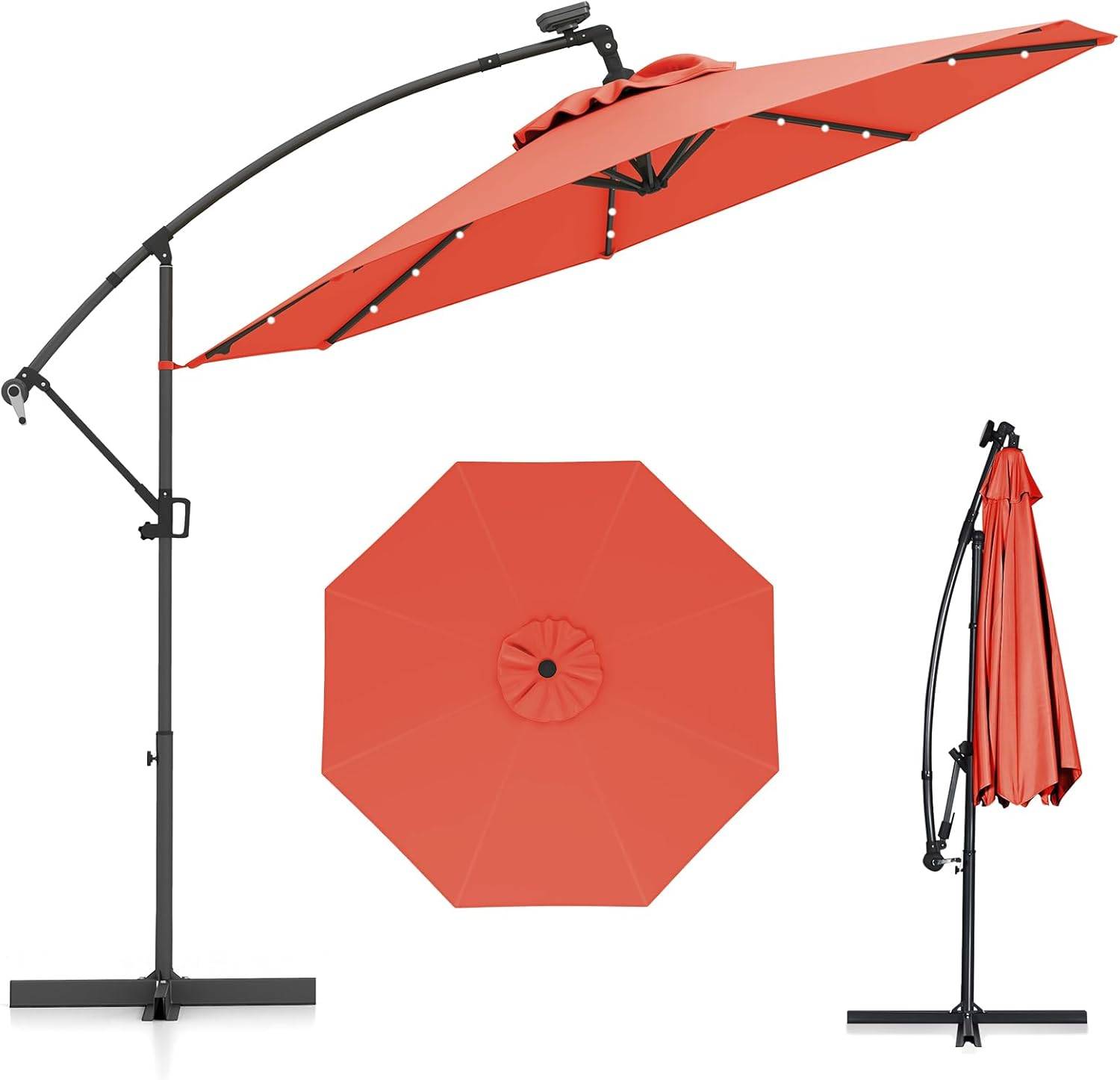 Costway - Parasol Déporté Excentré 3M, 32 LED Solaire, Inclinable et Rotation à 360°, 8 Baleines, Base Croisée, Parasol à Manivelle (Orange) - Image 1