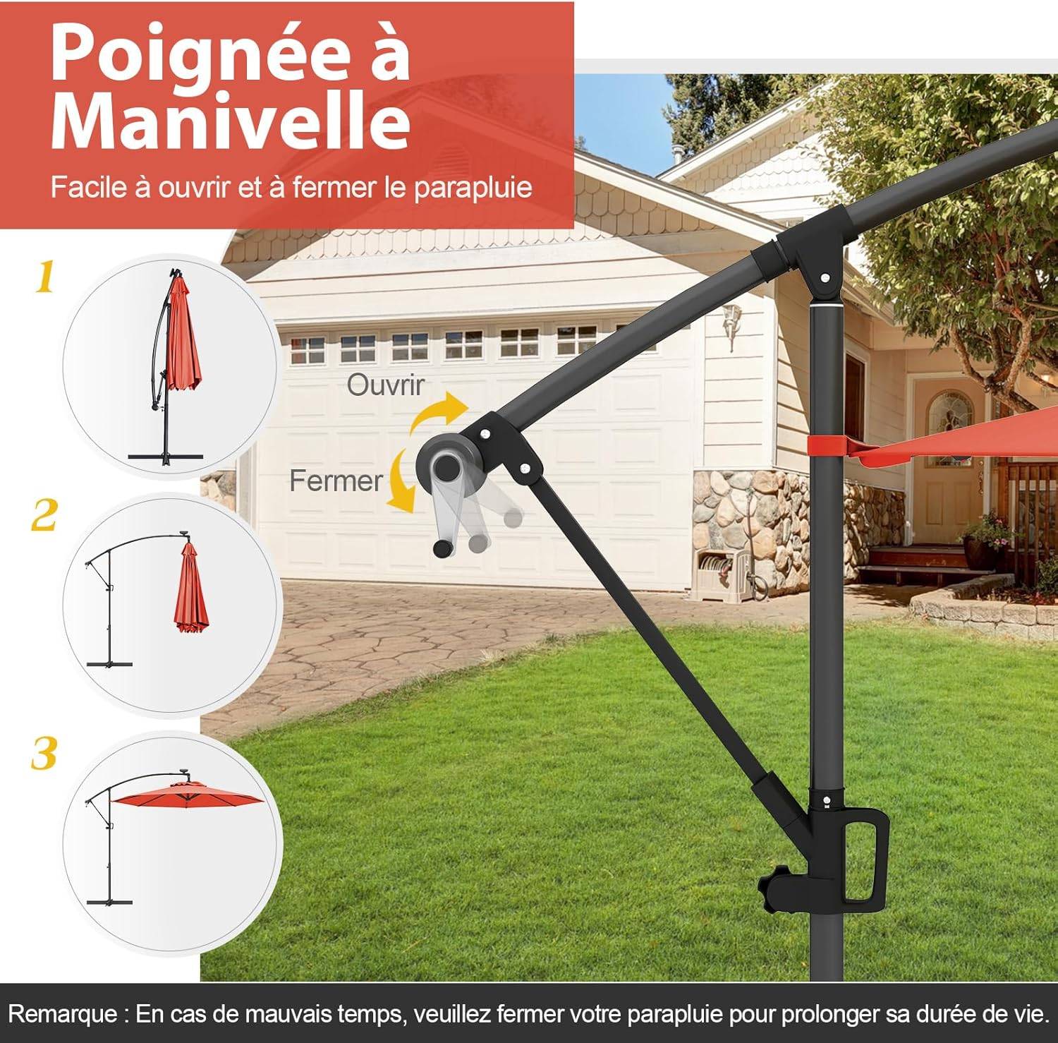 Costway - Parasol Déporté Excentré 3M, 32 LED Solaire, Inclinable et Rotation à 360°, 8 Baleines, Base Croisée, Parasol à Manivelle (Orange) - Image 7