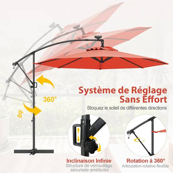 Costway - Parasol Déporté Excentré 3M, 32 LED Solaire, Inclinable et Rotation à 360°, 8 Baleines, Base Croisée, Parasol à Manivelle (Orange) - Image 8