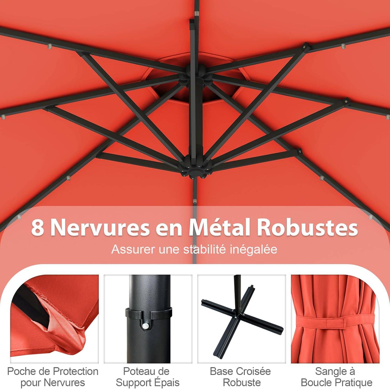 Costway - Parasol Déporté Excentré 3M, 32 LED Solaire, Inclinable et Rotation à 360°, 8 Baleines, Base Croisée, Parasol à Manivelle (Orange) - Image 9