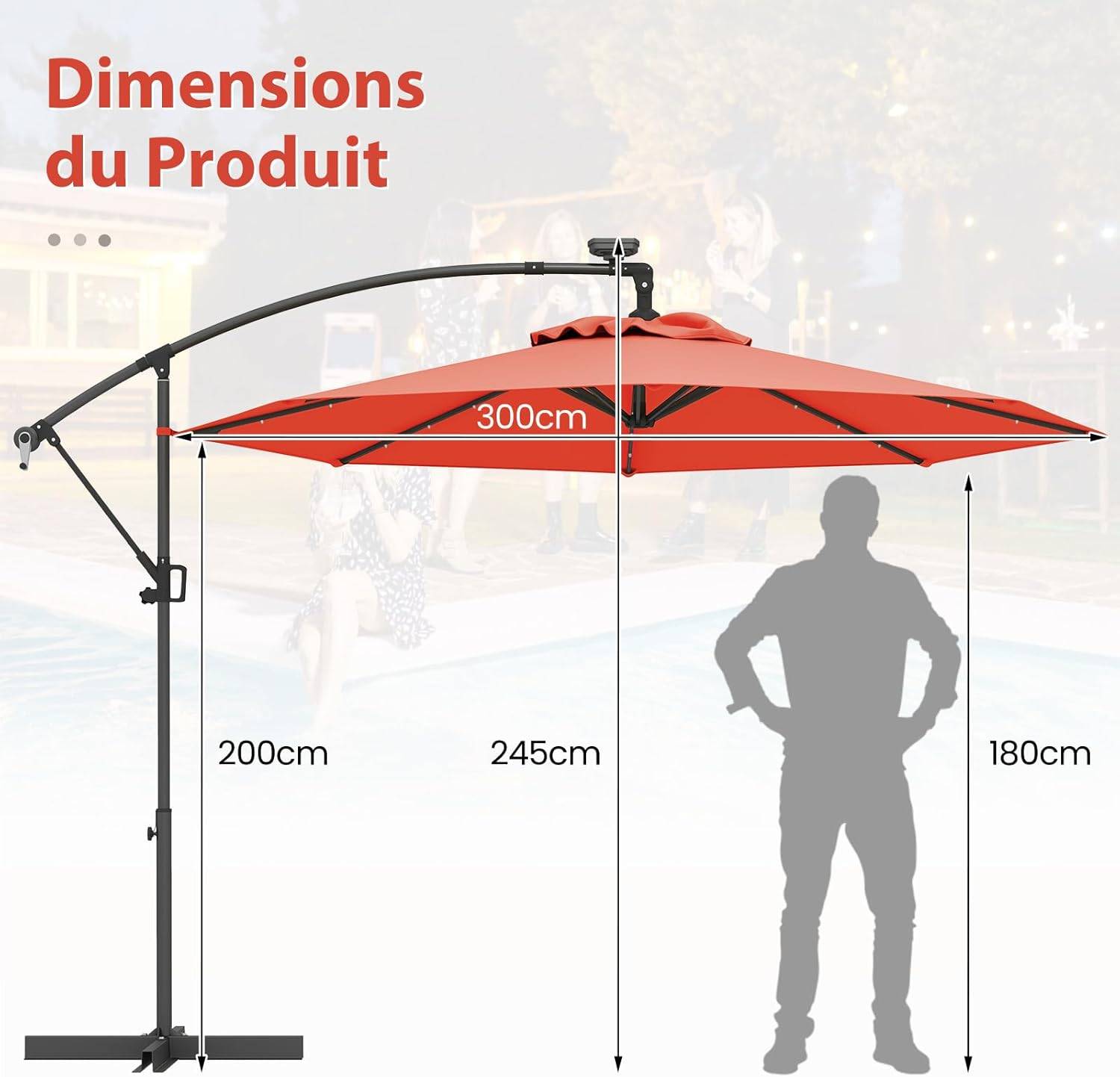 Costway - Parasol Déporté Excentré 3M, 32 LED Solaire, Inclinable et Rotation à 360°, 8 Baleines, Base Croisée, Parasol à Manivelle (Orange) - Image 3