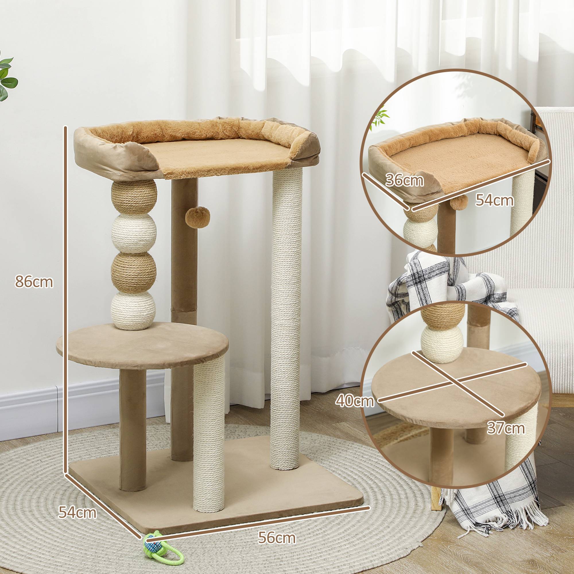 Arbre à chat avec plateforme, tour d'escalade avec plateforme, lit, poteaux et balles, 56 x 54 x 86 cm, marron - Image 5