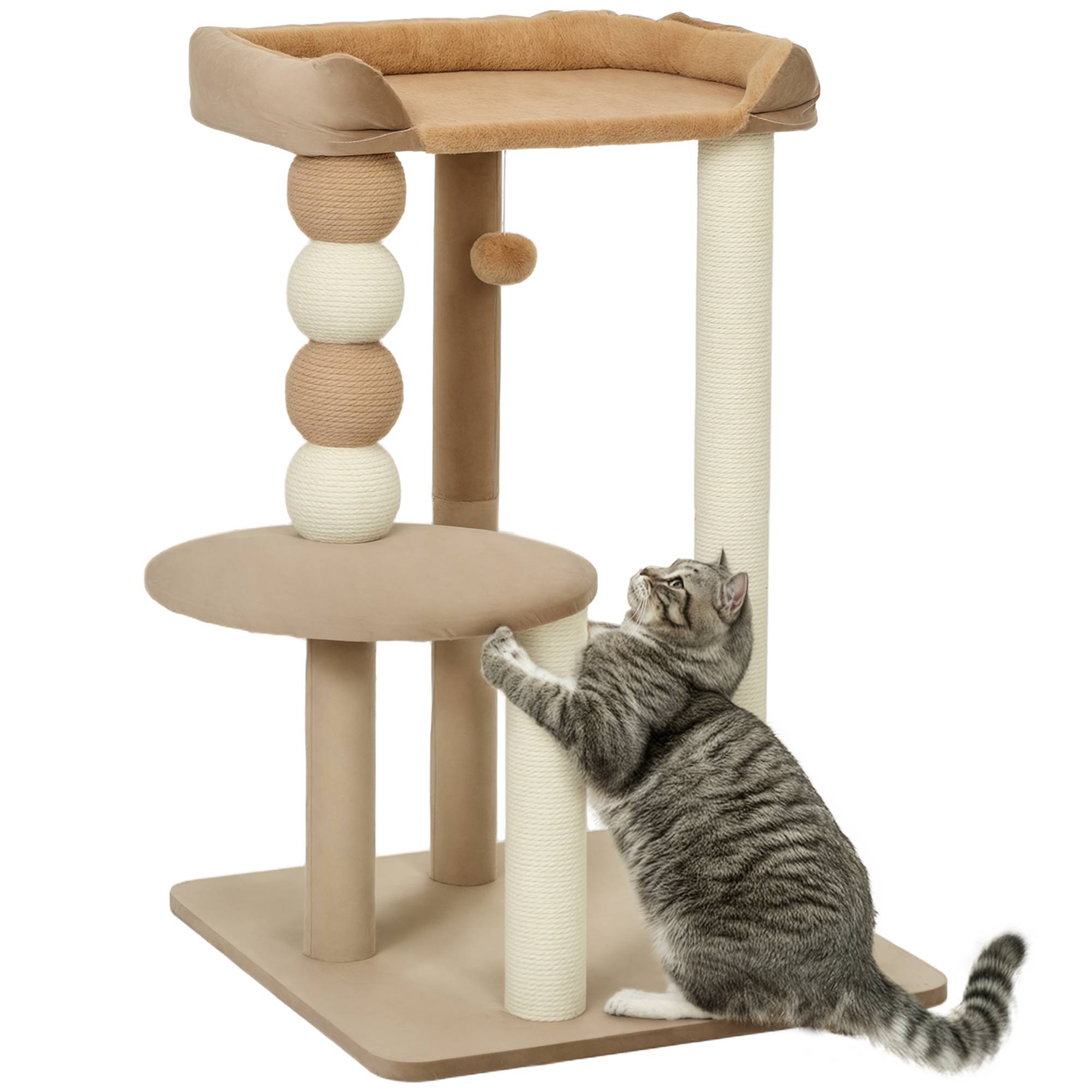 Arbre à chat avec plateforme, tour d'escalade avec plateforme, lit, poteaux et balles, 56 x 54 x 86 cm, marron - Image 1