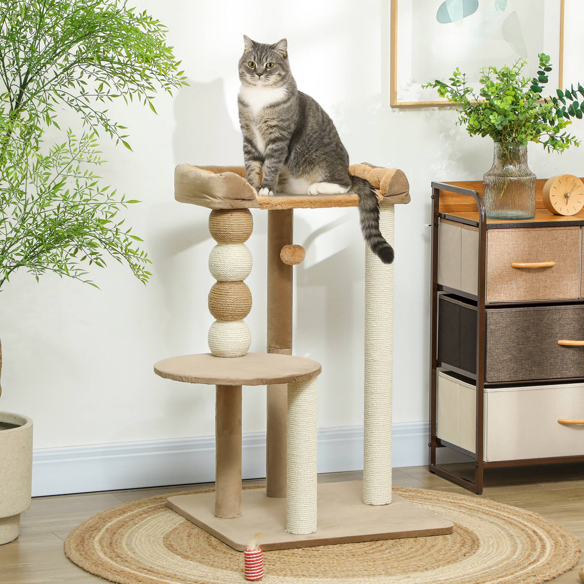 Arbre à chat avec plateforme, tour d'escalade avec plateforme, lit, poteaux et balles, 56 x 54 x 86 cm, marron - Image 3