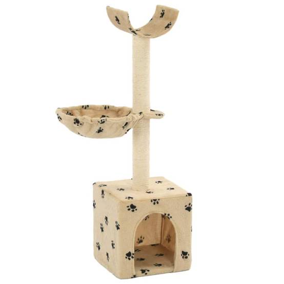 Helloshop26 - Arbre à chat griffoir grattoir niche jouet animaux peluché en sisal 105 cm beige motif de pattes - Image 1