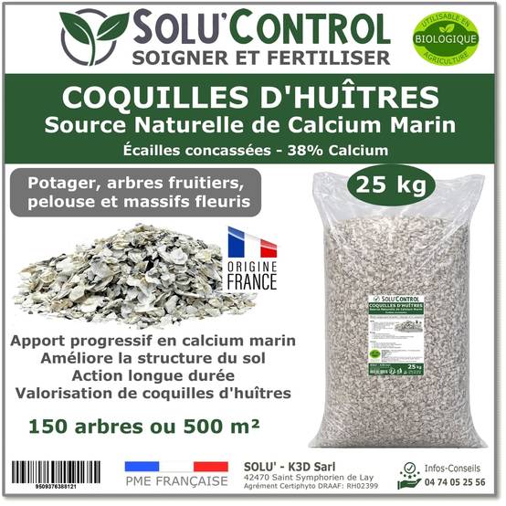 25 kg Écailles de Coquilles d'Huîtres Concassées 38% Calcium - SOLU'CONTROL - Calcium Marin - Image 1