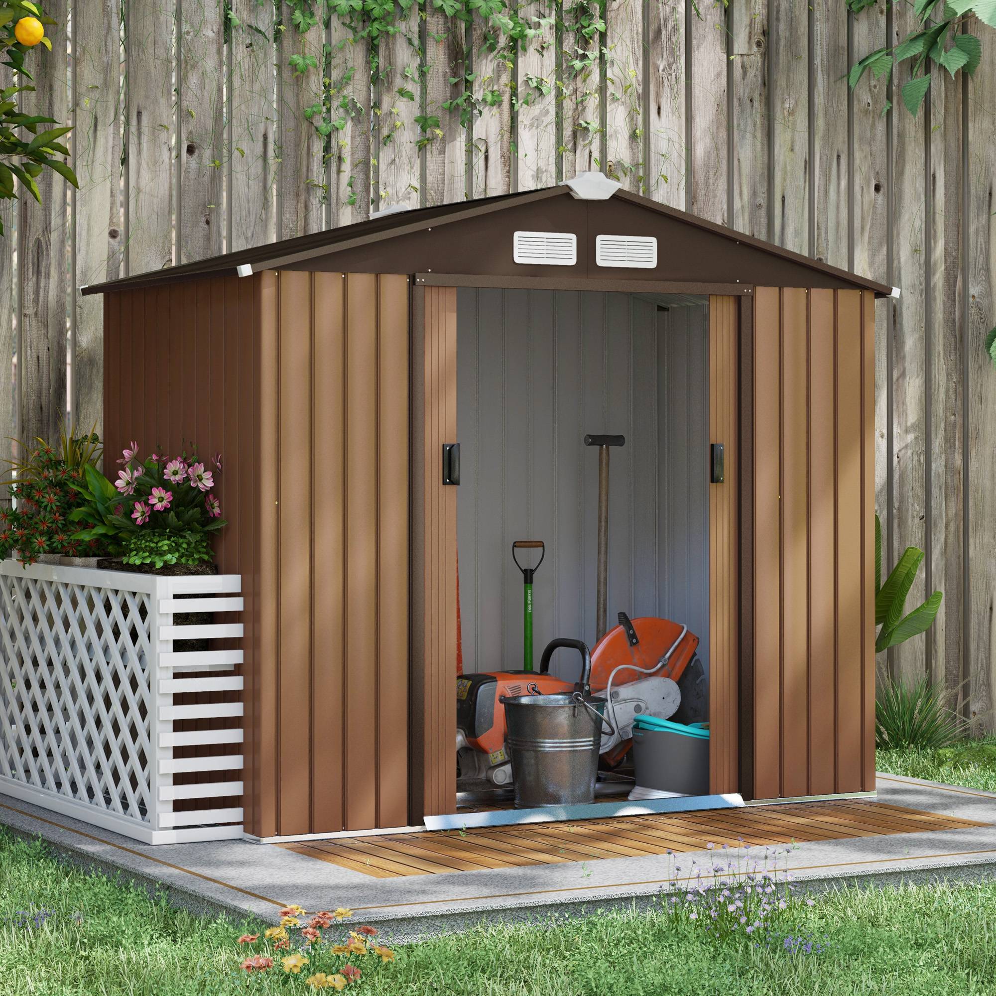 ComfortXL - Abri de jardin acier extérieur rangement outils portes coulissantes 213x130x185cm marron - ComfortXL Outdoor Living - Image 1