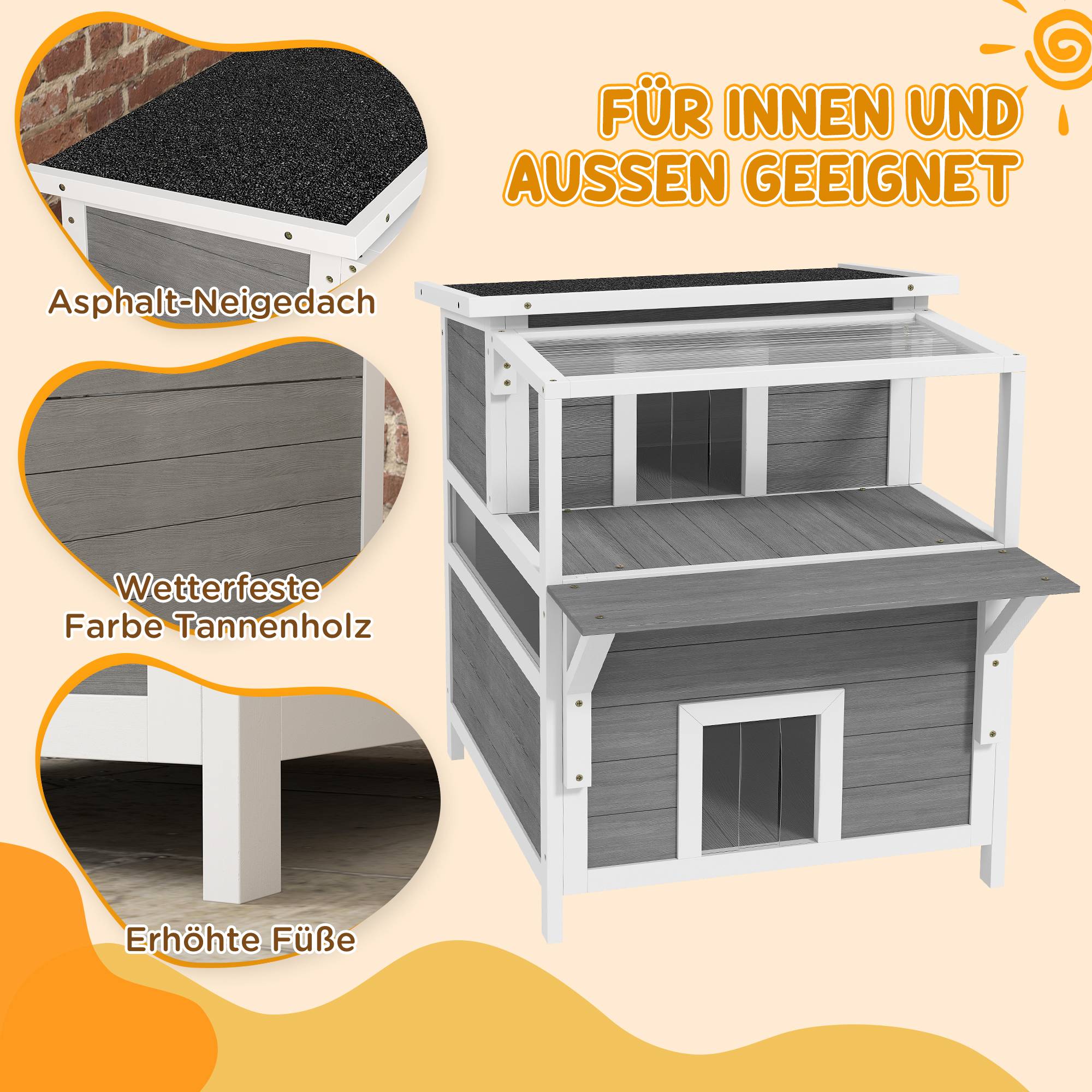 Maison chat 2 étages balcon niche imperméable pluie soleil int/ext gris clair - Image 6