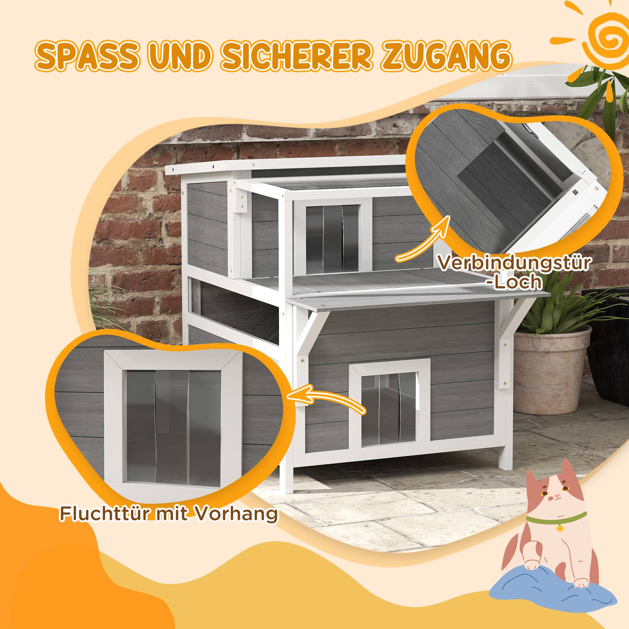 Maison chat 2 étages balcon niche imperméable pluie soleil int/ext gris clair - Image 9