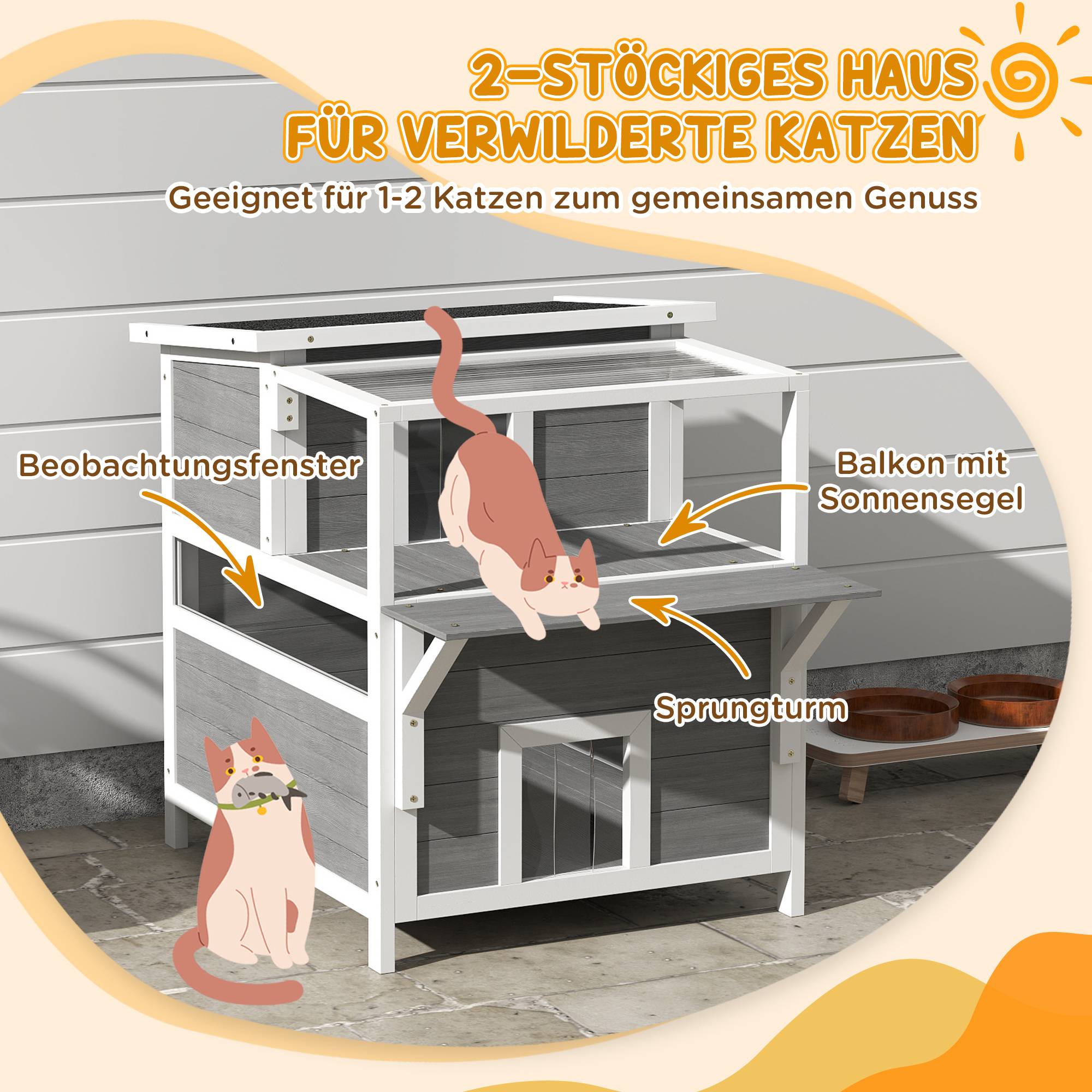 Maison chat 2 étages balcon niche imperméable pluie soleil int/ext gris clair - Image 7