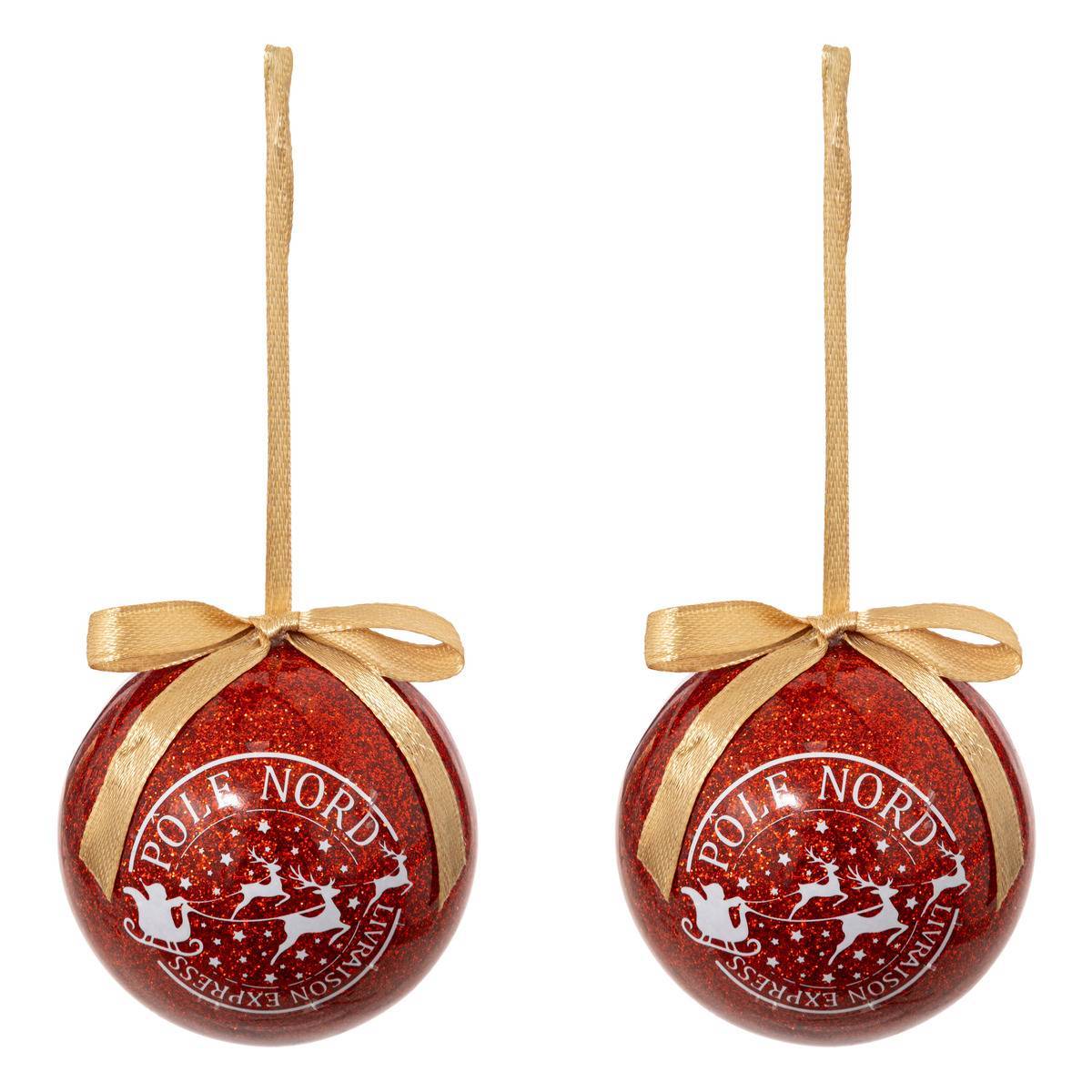 Fééric Lights & Christmas - Lot de 2 boules de Noël papier imprimé "Timbre" rouge 60mm - Atmosphera Créateur d'intérieur