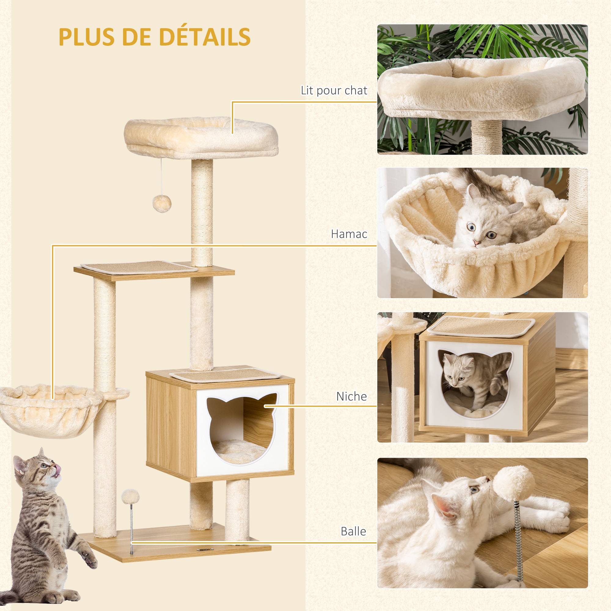 Pawhut - Arbre à chat multi-équipement griffoirs grattoirs niche hamac panier coussins amovibles H126 cm peluche courte sisal naturel beige - Imagen 5