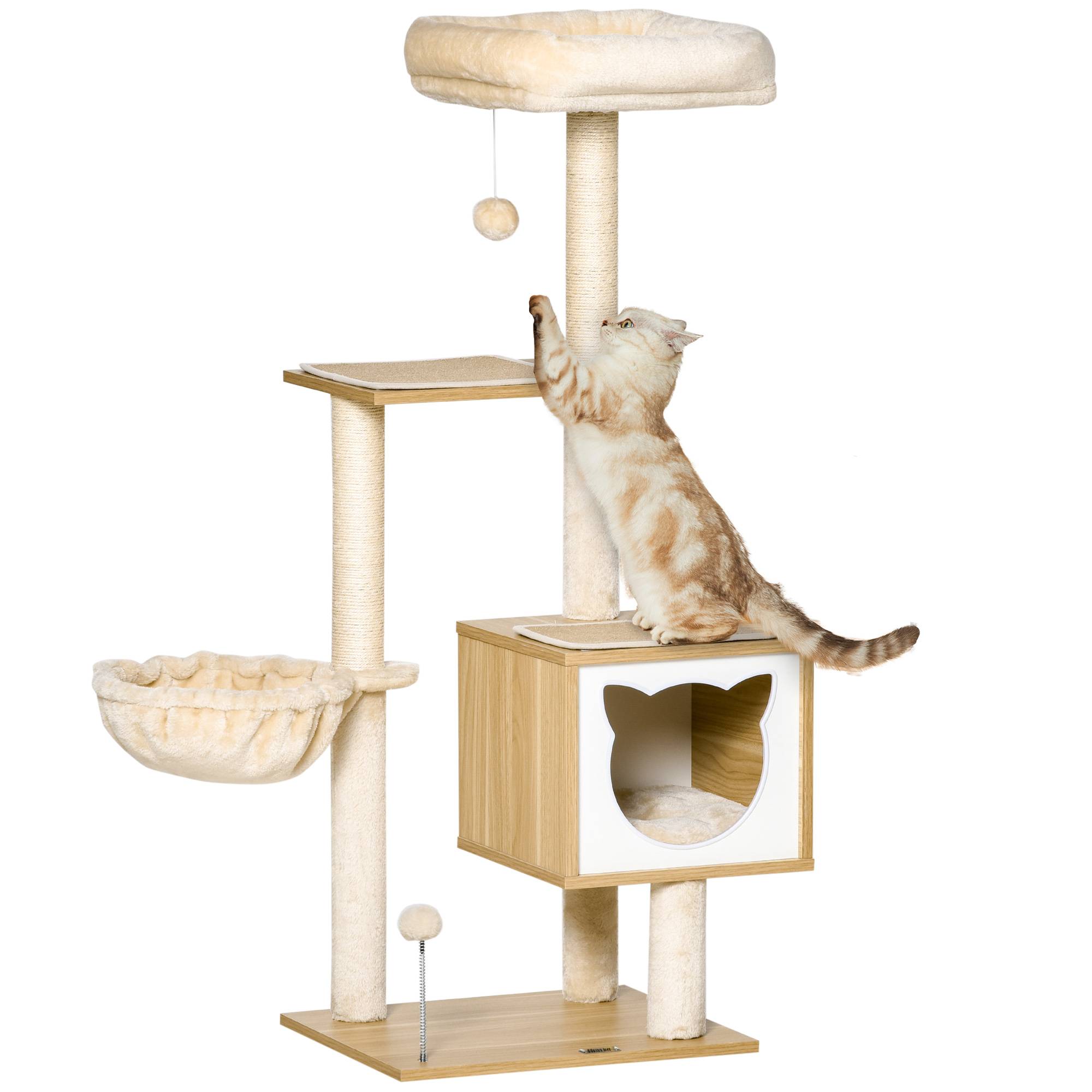 Pawhut - Arbre à chat multi-équipement griffoirs grattoirs niche hamac panier coussins amovibles H126 cm peluche courte sisal naturel beige - Imagen 1