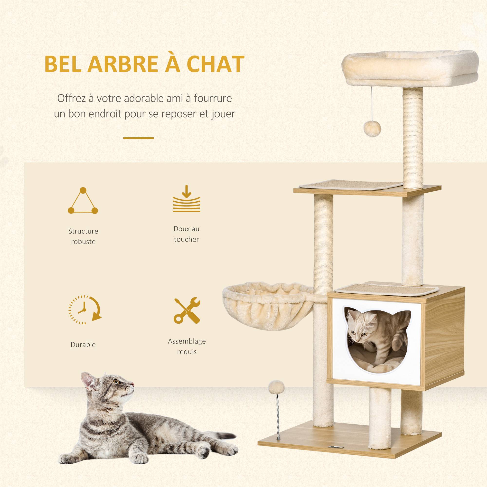 Pawhut - Arbre à chat multi-équipement griffoirs grattoirs niche hamac panier coussins amovibles H126 cm peluche courte sisal naturel beige - Imagen 4
