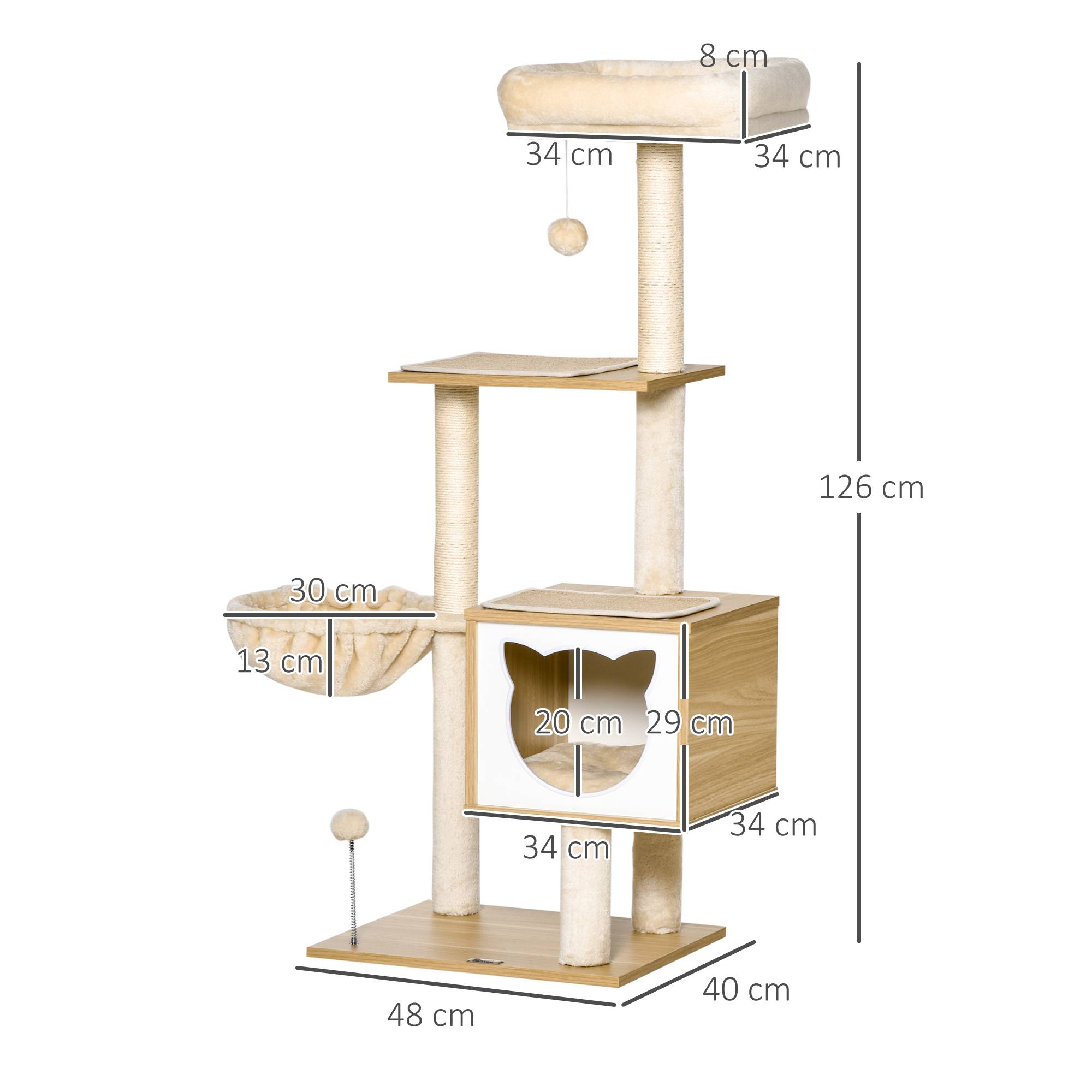 Pawhut - Arbre à chat multi-équipement griffoirs grattoirs niche hamac panier coussins amovibles H126 cm peluche courte sisal naturel beige - Imagen 3