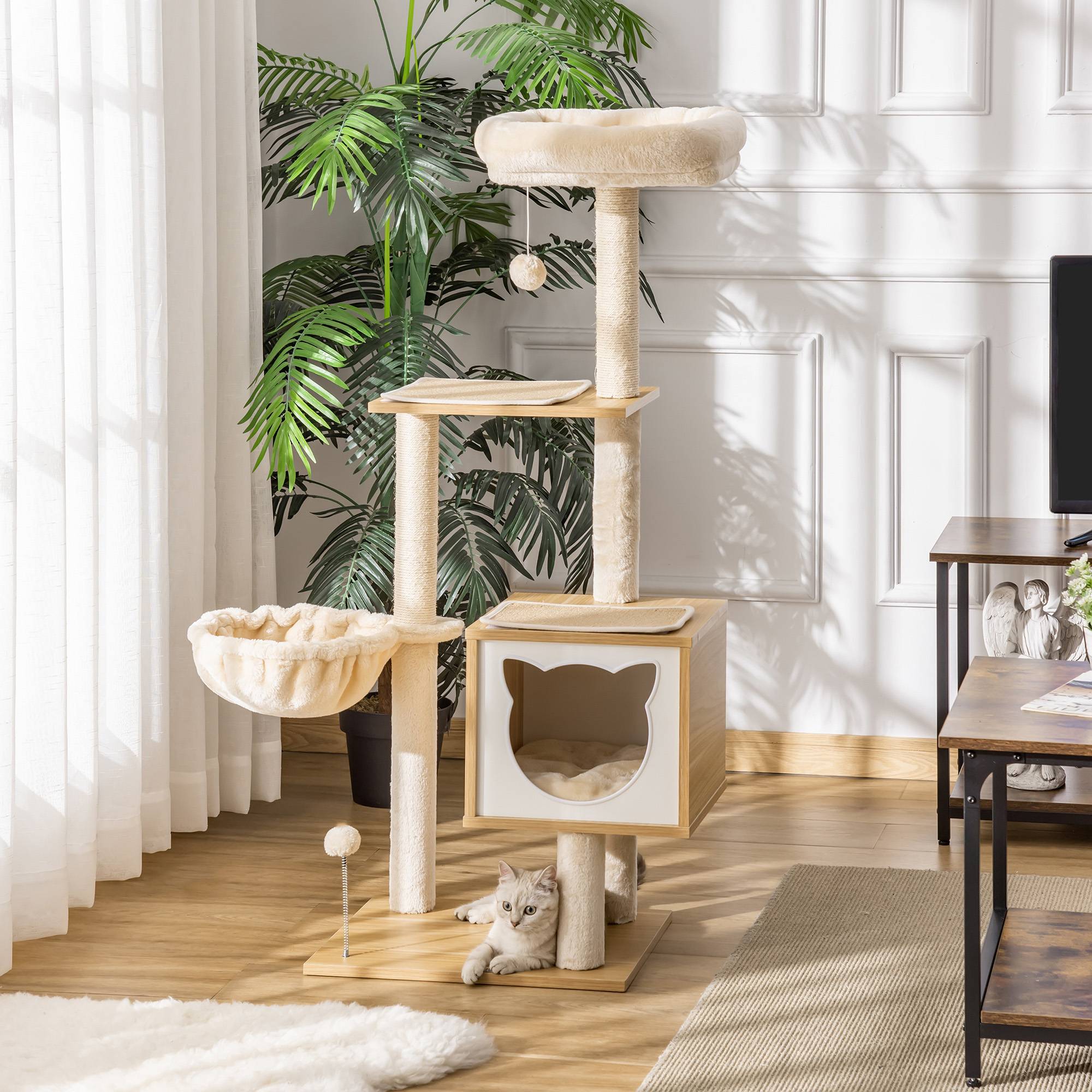 Pawhut - Arbre à chat multi-équipement griffoirs grattoirs niche hamac panier coussins amovibles H126 cm peluche courte sisal naturel beige - Imagen 2