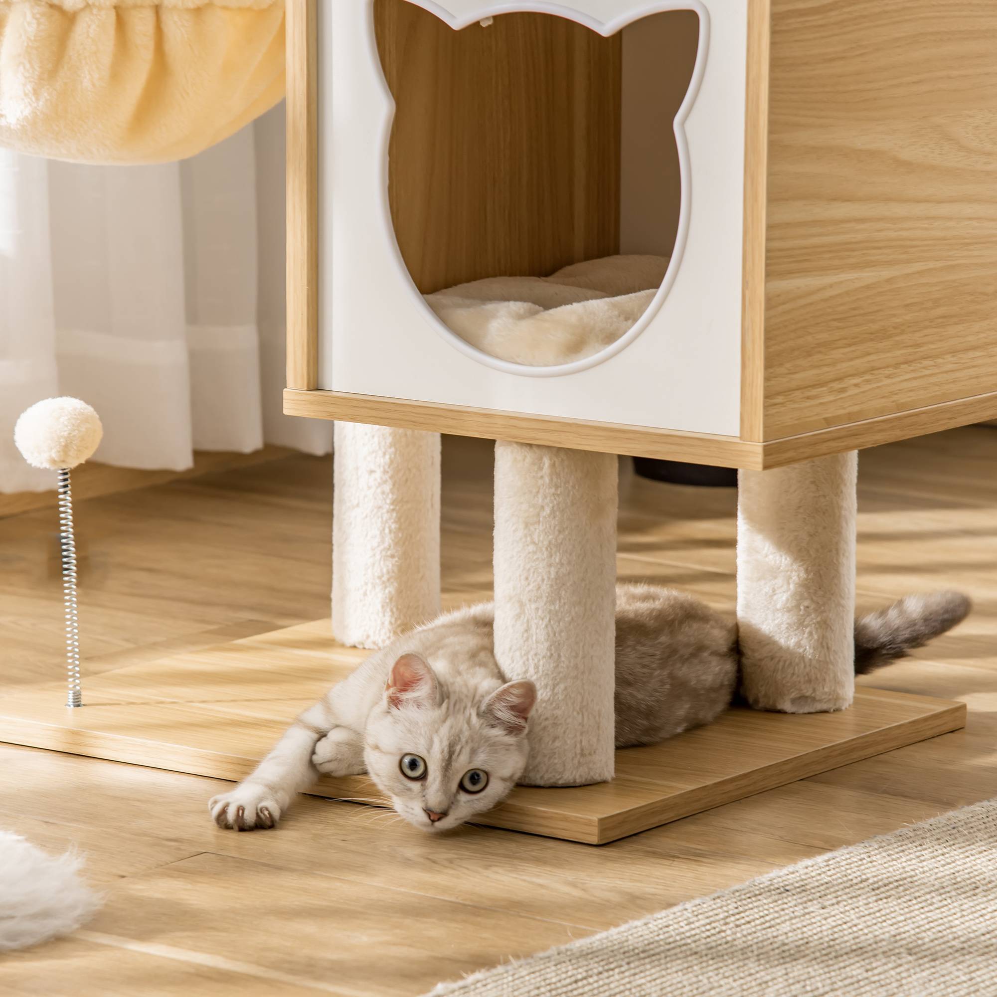 Pawhut - Arbre à chat multi-équipement griffoirs grattoirs niche hamac panier coussins amovibles H126 cm peluche courte sisal naturel beige - Imagen 8