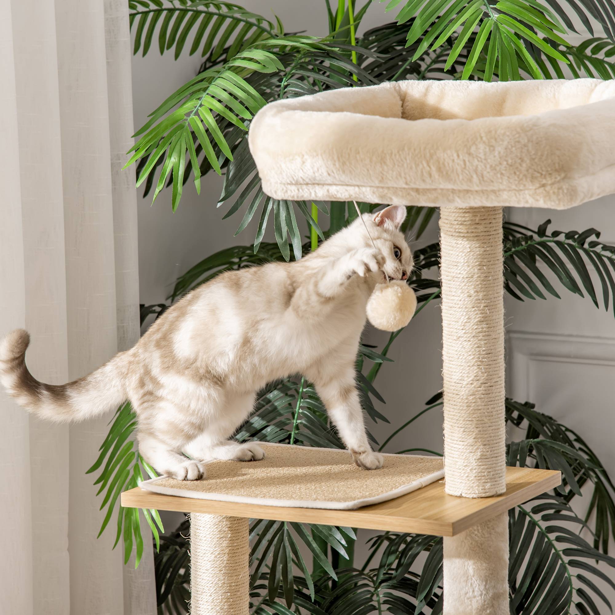 Pawhut - Arbre à chat multi-équipement griffoirs grattoirs niche hamac panier coussins amovibles H126 cm peluche courte sisal naturel beige - Imagen 7