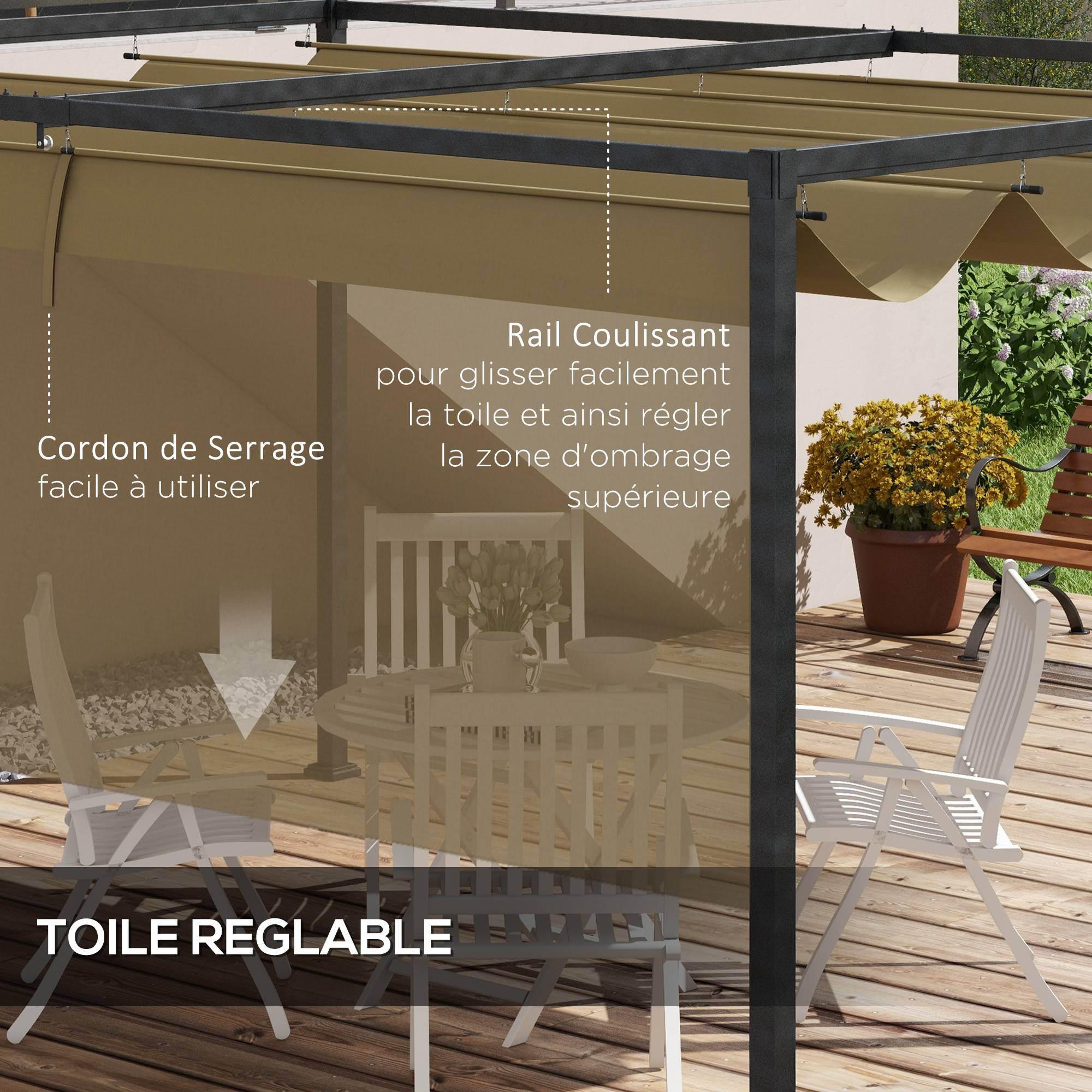 Pergola toit rétractable métal extérieur ombrage modulable 298x213cm kaki - ComfortXL Outdoor Living - Image 7