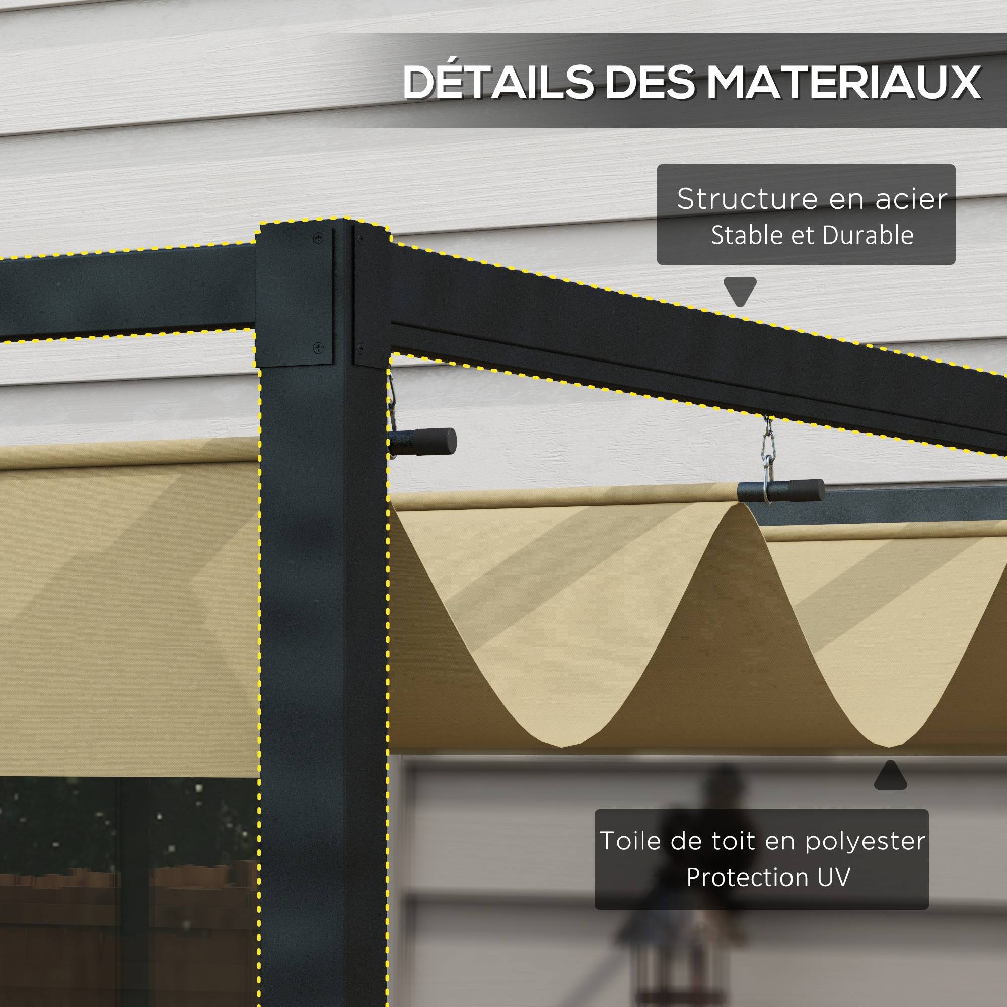 Pergola toit rétractable métal extérieur ombrage modulable 298x213cm kaki - ComfortXL Outdoor Living - Image 6