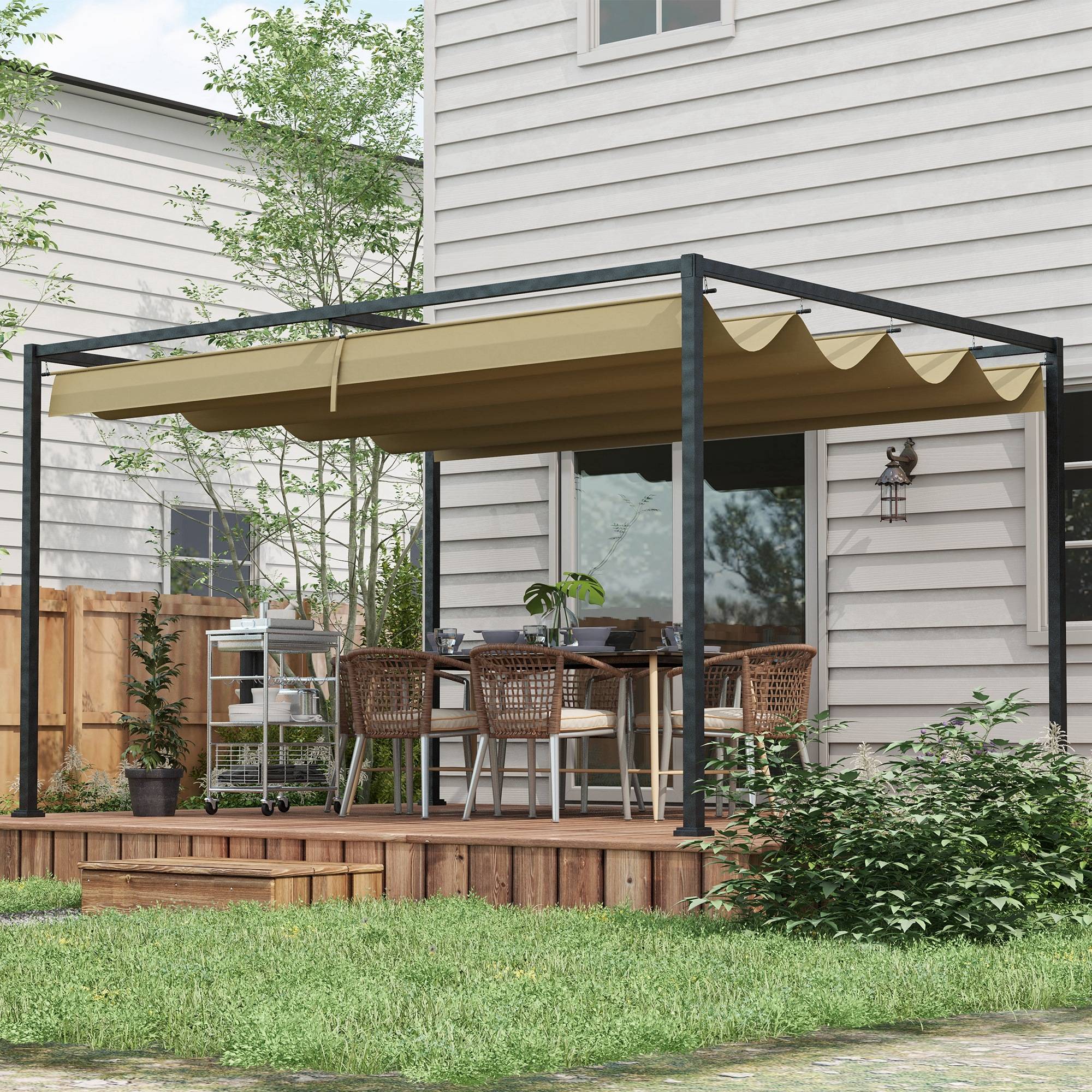 Pergola toit rétractable métal extérieur ombrage modulable 298x213cm kaki - ComfortXL Outdoor Living - Image 3